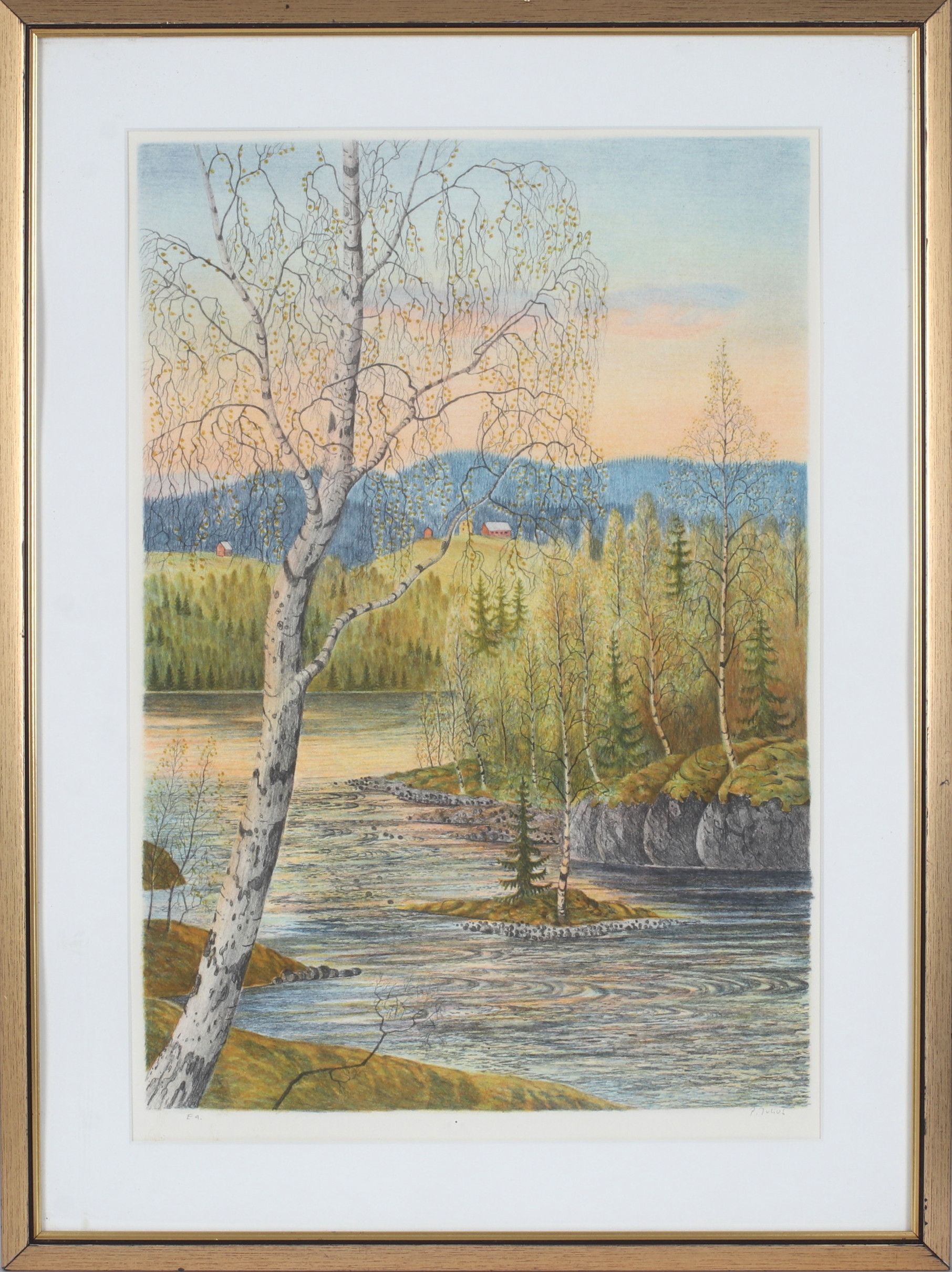 PER JULIUS. Vårlandskap, färglitografi, signerad E.A-upplaga.
