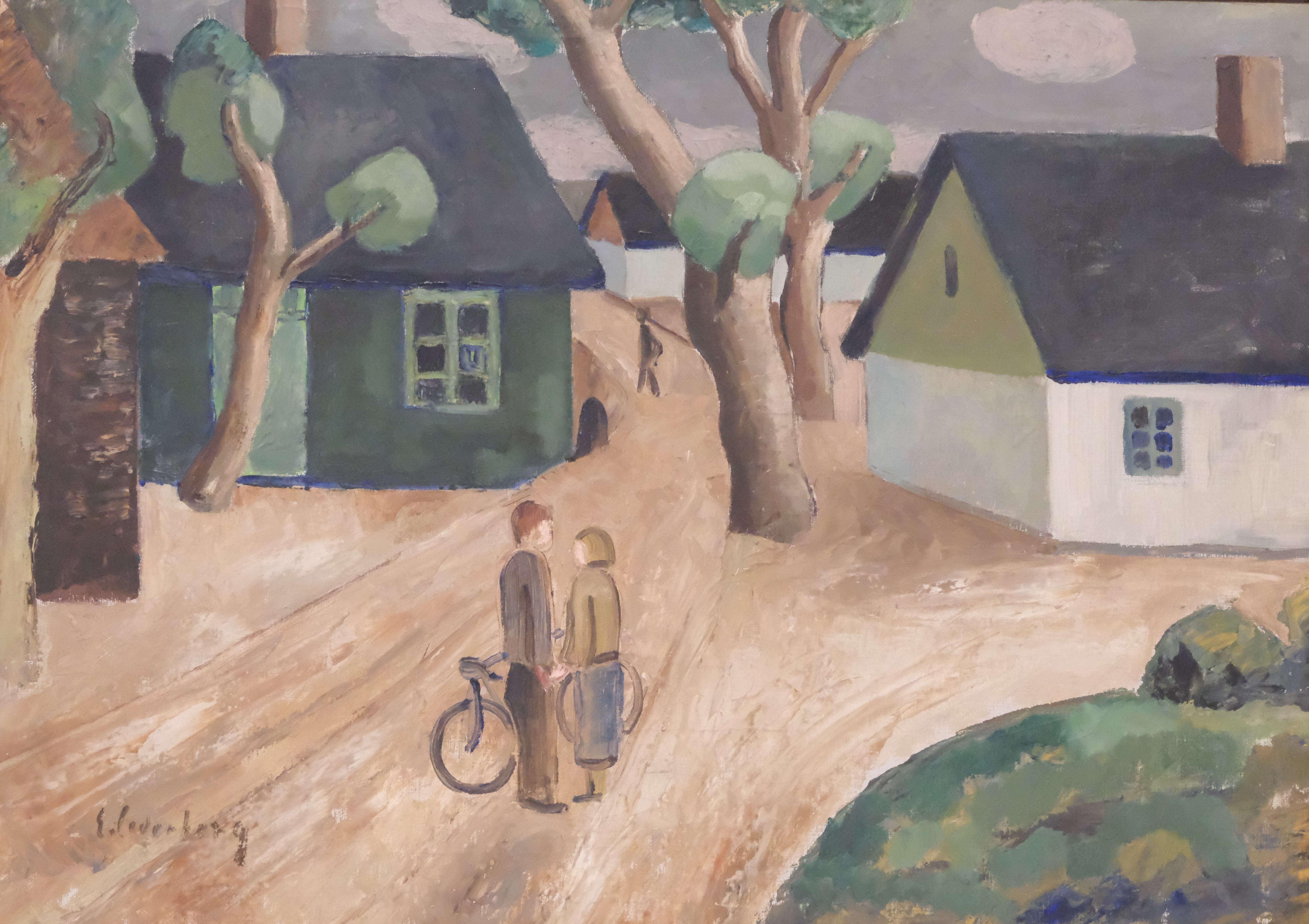 ERIC CEDERBERG. BYSCEN MED FIGURER, OLJA PÅ DUK.