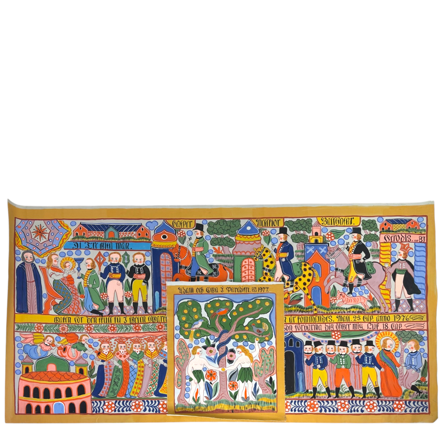 BERNHARD JÖNSSON. Blandteknik på duk, bonadsmålning, 2 st. allmogestil, religiöst motiv, ca 212 x 113 cm och 72 x 59 cm, monogramsignerad, BJ, nutida.