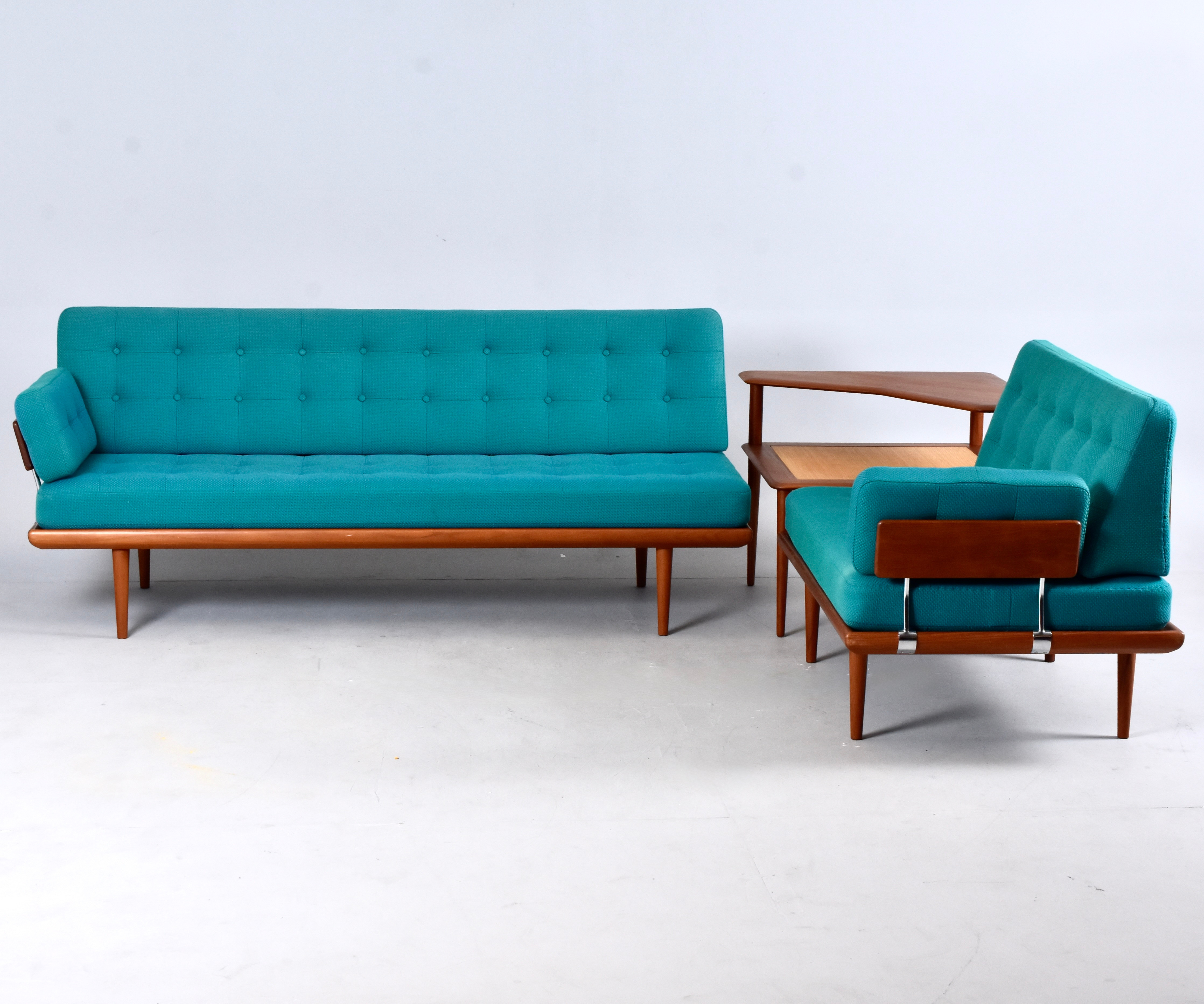 PETER HVIDT & ORLA MØLGAARD NIELSEN. Soffgrupp, 3 delar, teak med blågrön ylleklädsel, "Minerva", France & Daverkosen, Danmark, 1957.