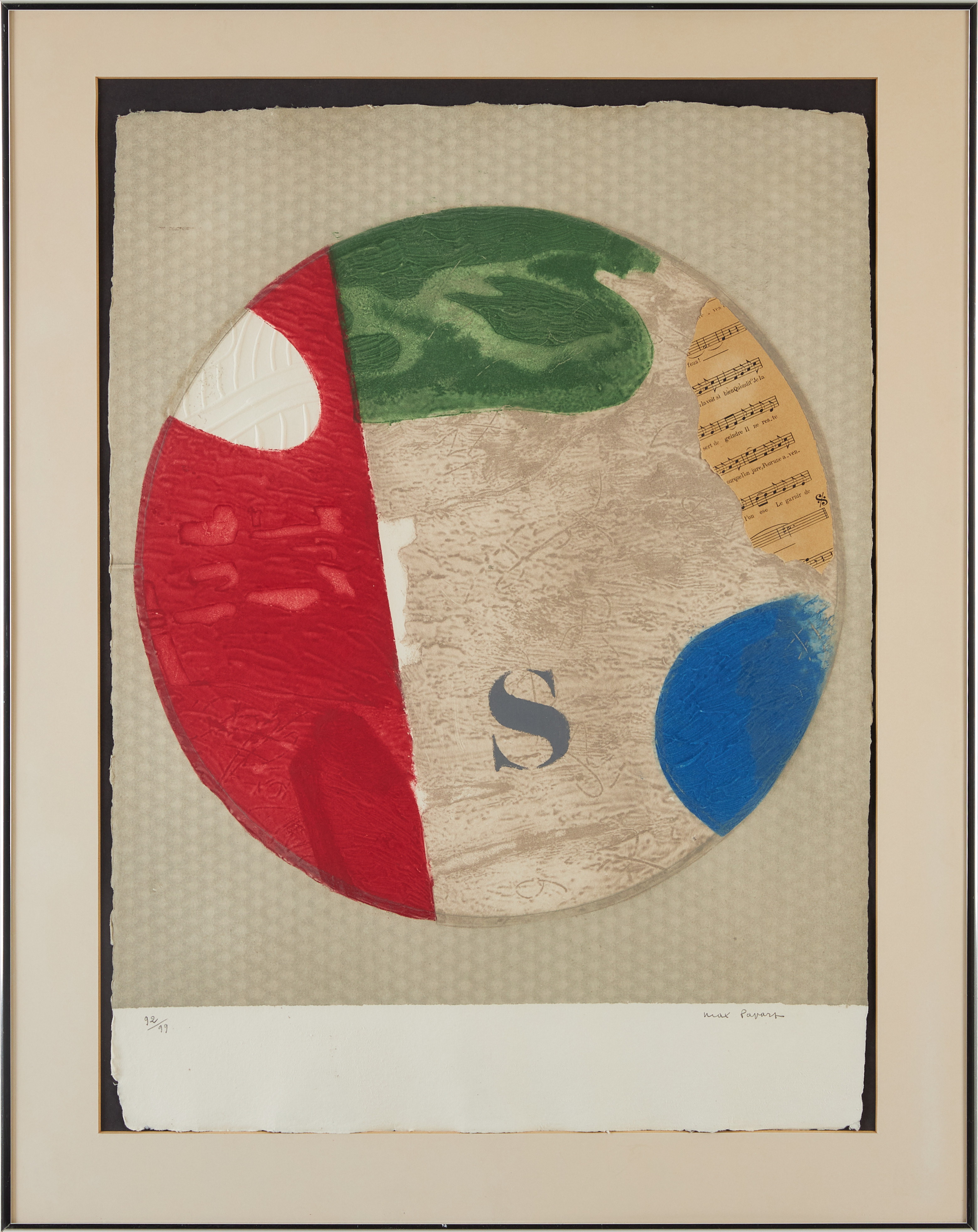MAX PAPART. Komposition med notblad, färgcarborundum med collage. Signerad , numrerad 92/99.