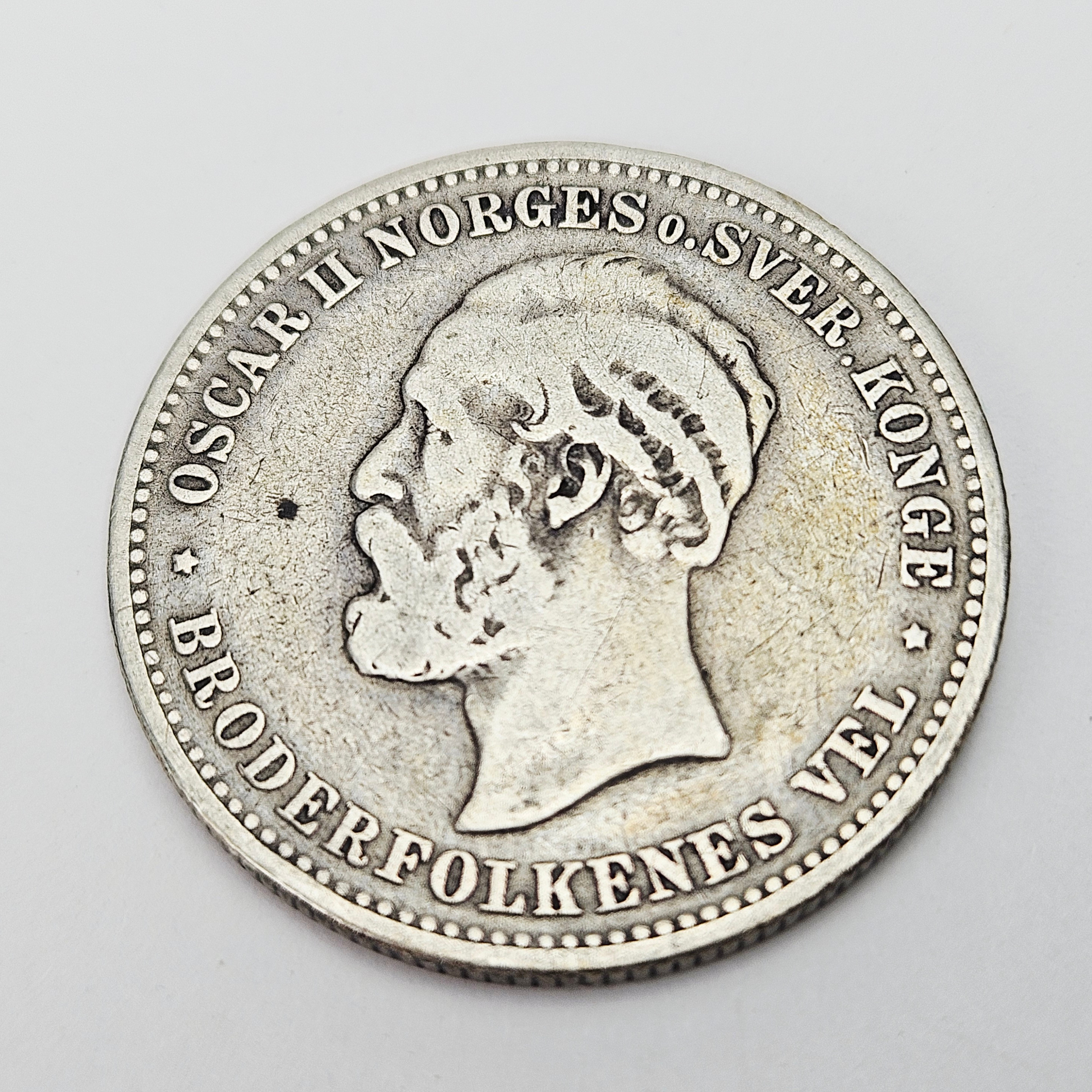 MYNT, silver, 80%, 2 kroner, Oscar II, Sverige/Norge, 1878.