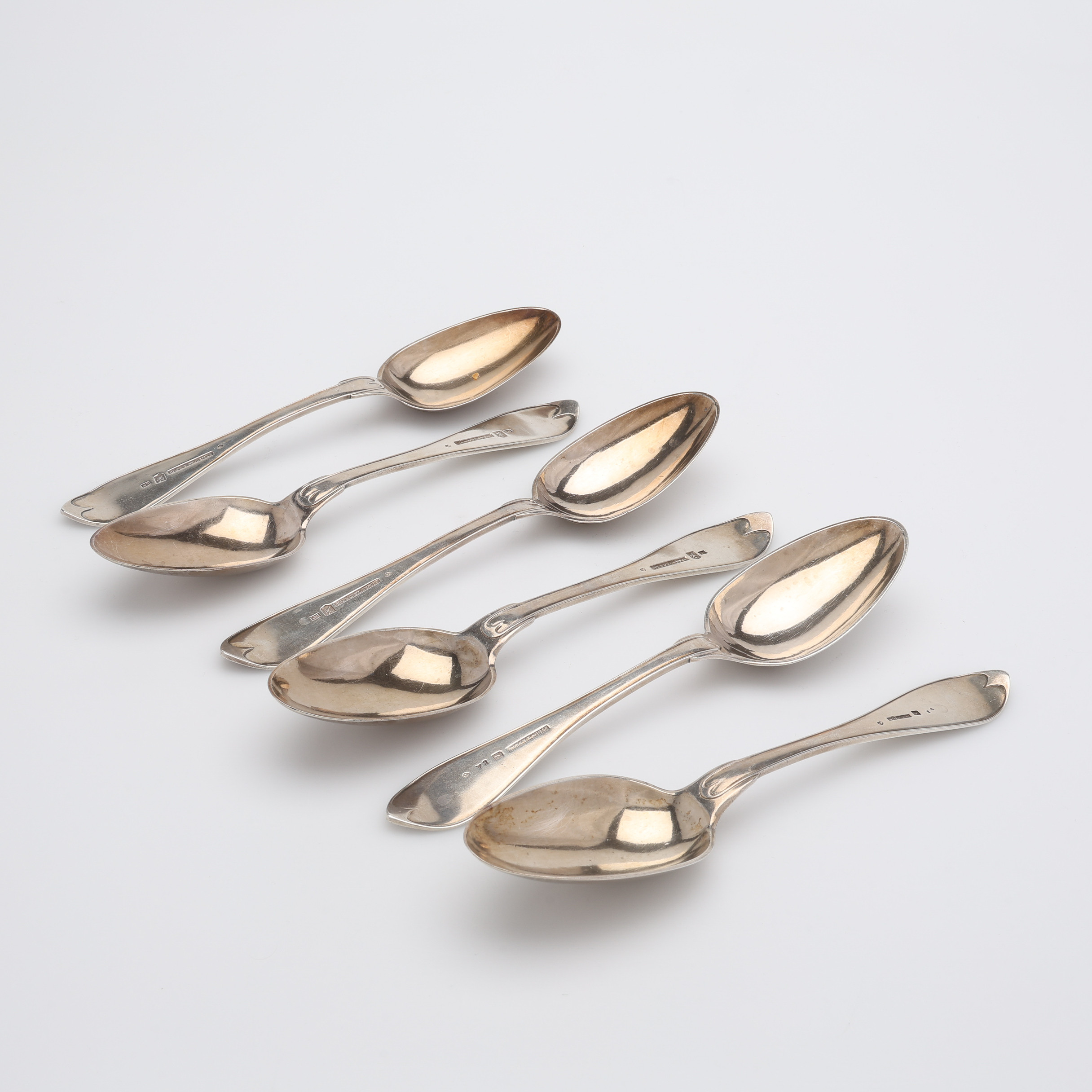 6 ST ANTIKA MATSKEDAR AV SILVER, svensk spetsig modell, 390 g.