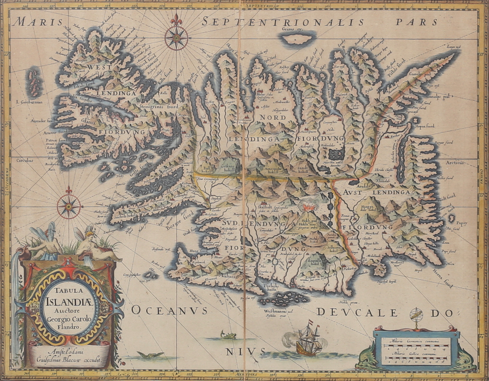 W.J. BLAEU, Karta över Island, "Tabula Islandiae" ca 1640.