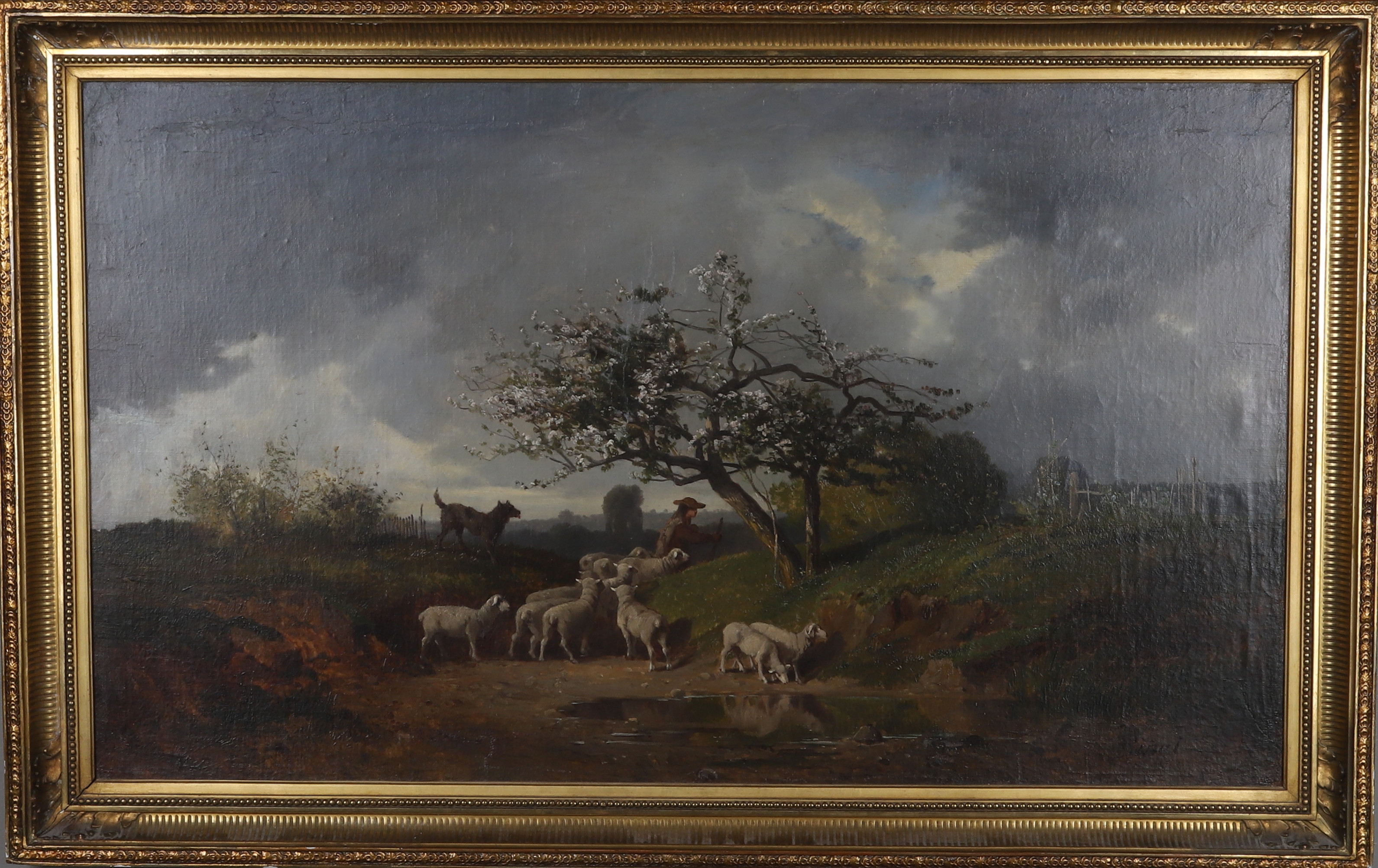 Olja på duk, uppfodrad på pannå, herdemotiv, signerad Binal, 1800-tal.