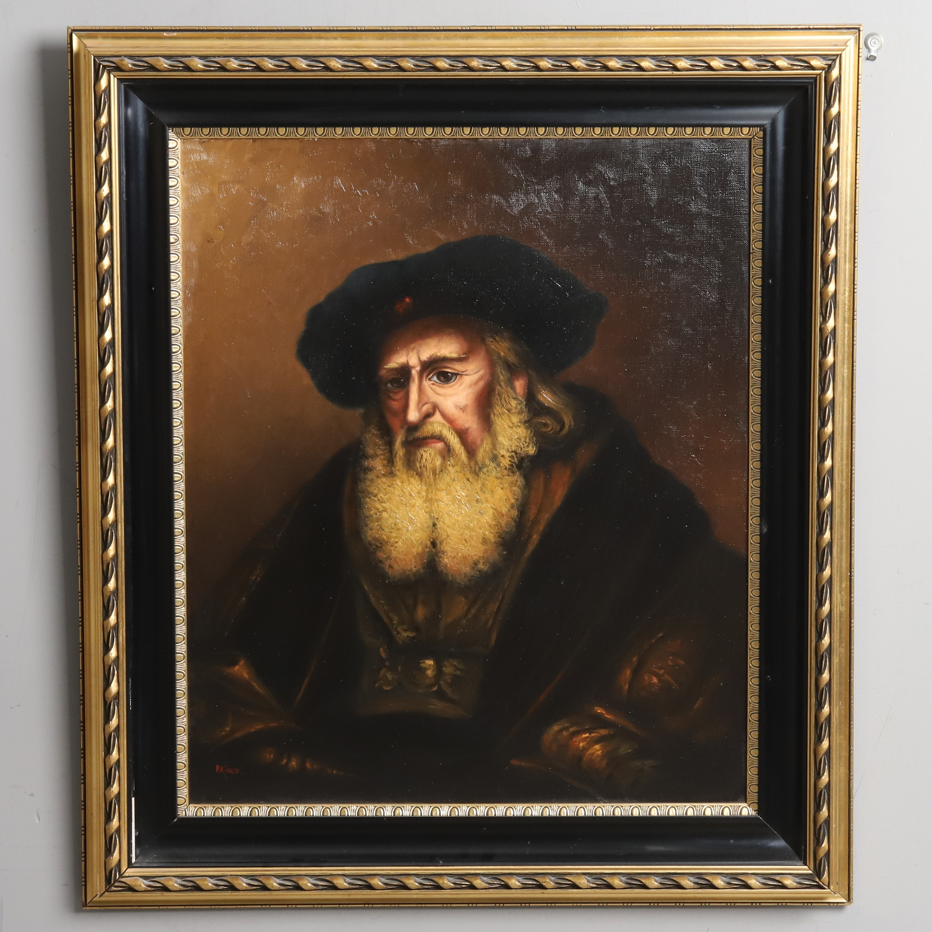 OIDENTIFIERAD KONSTNÄR. REMBRANDT. EFTER. Olja på duk, "Porträtt", signerad P. Riener.