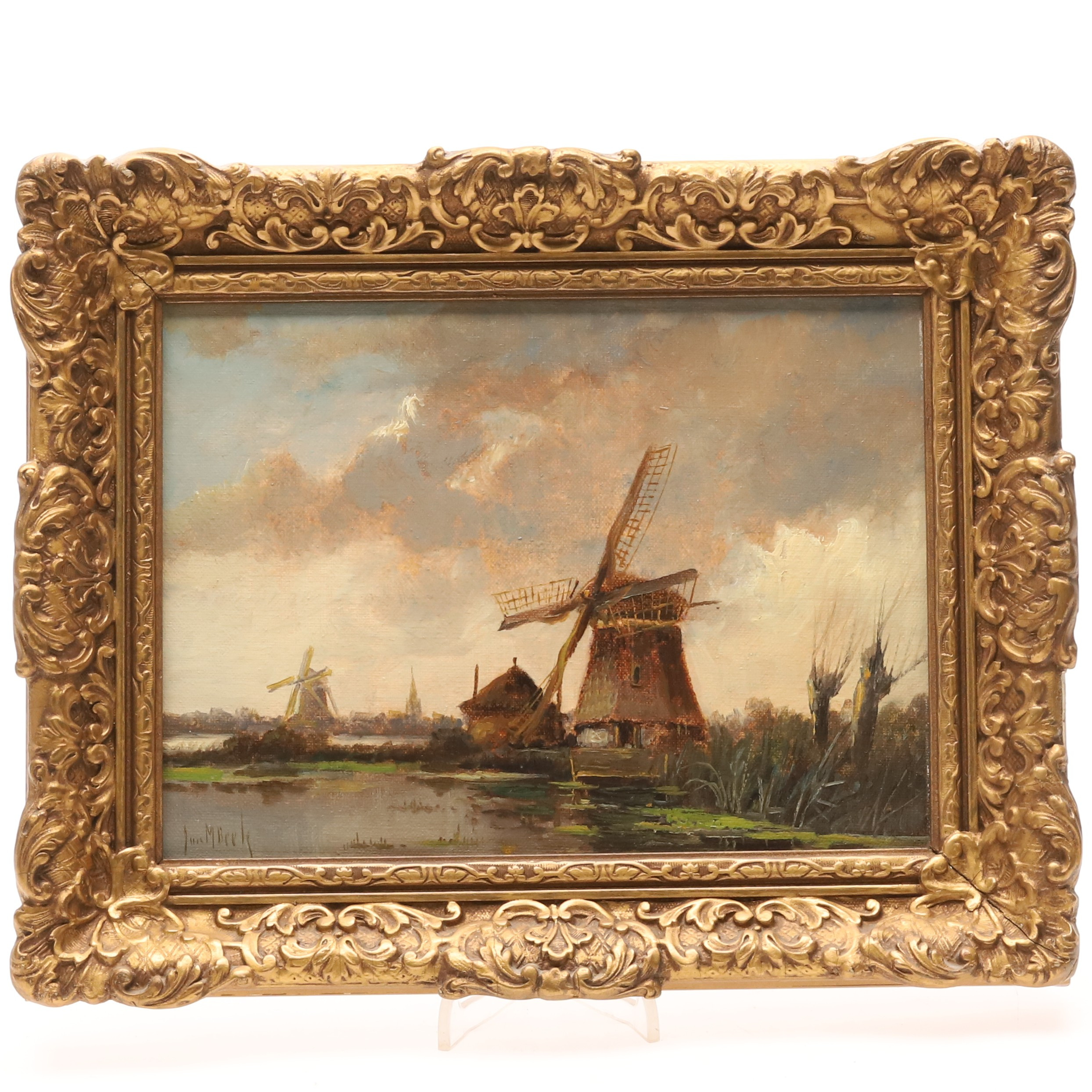 JAN M BEEK. OLJA PÅ DUK, " väderkvarnar" Holland, signerad.
