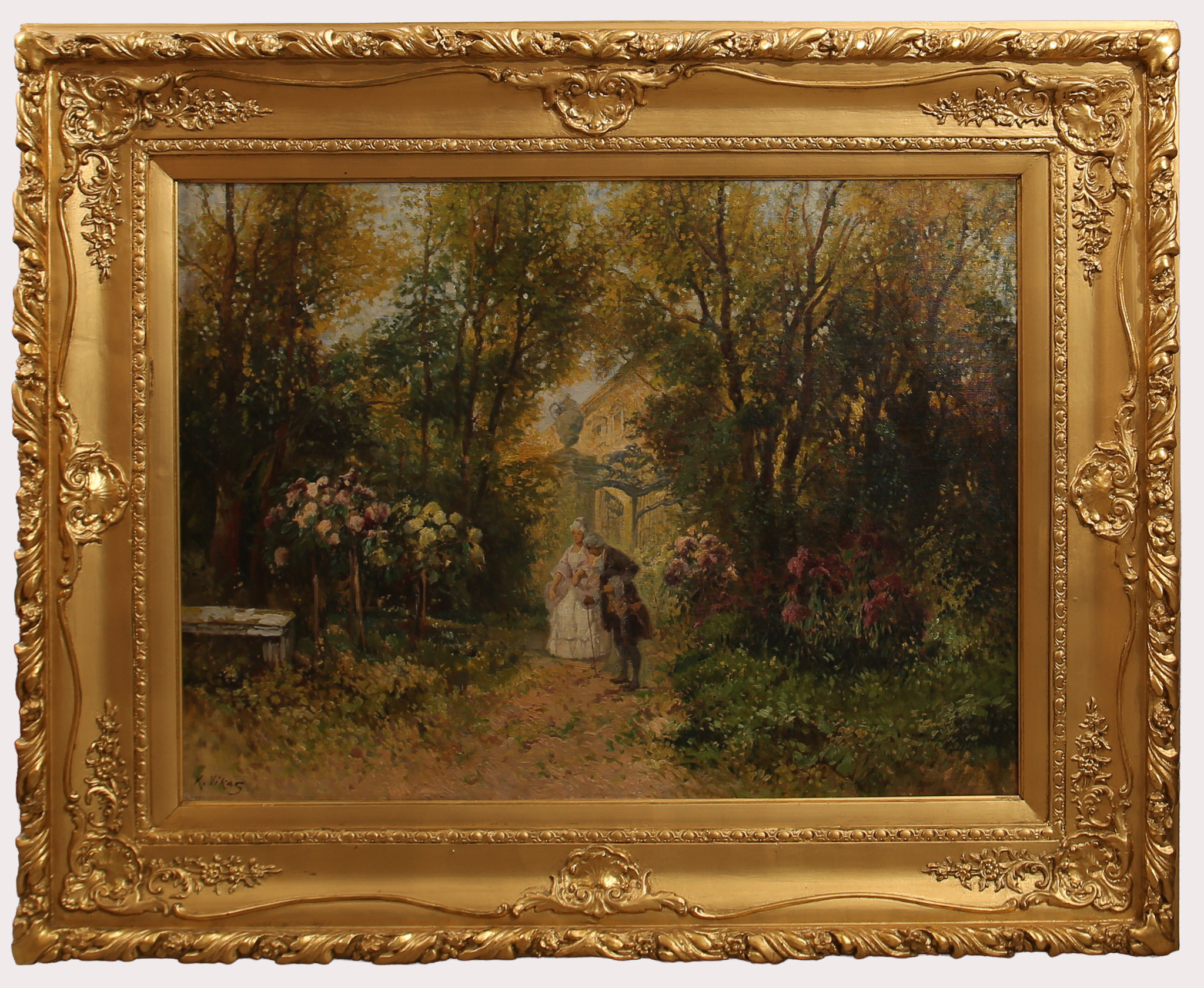 OIDENTIFIERAD KONSTNÄR. Praktmålning, olja på duk, äldre par i parkmiljö, signerad ,K Vikas, 1900- talets andra kvartal.