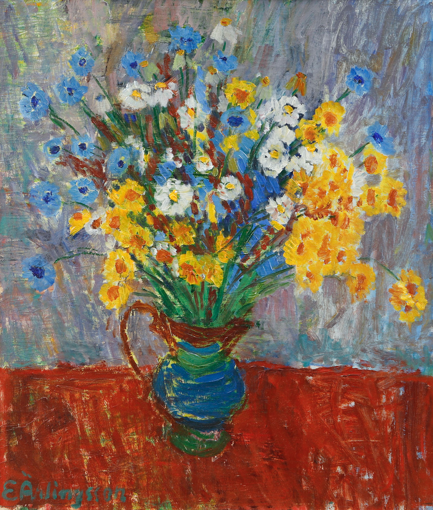 ERLING ÄRLINGSSON. Stilleben med sommarblommor i kanna. Olja på duk.
