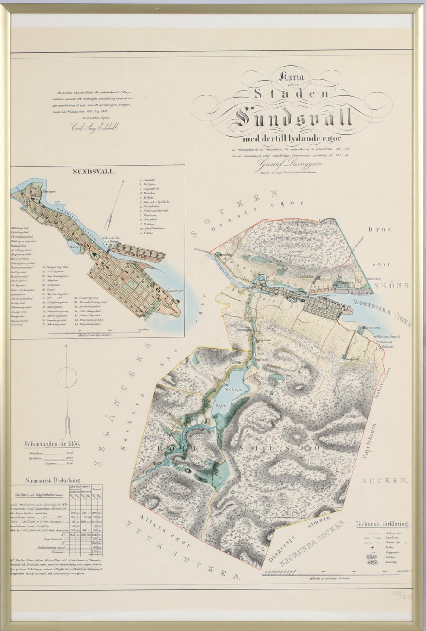 KARTA, tryck, "Karta öfver Staden Sundsvall med dertill lydande ägor, år 1857", numrerad 170/285, 1900-tal.