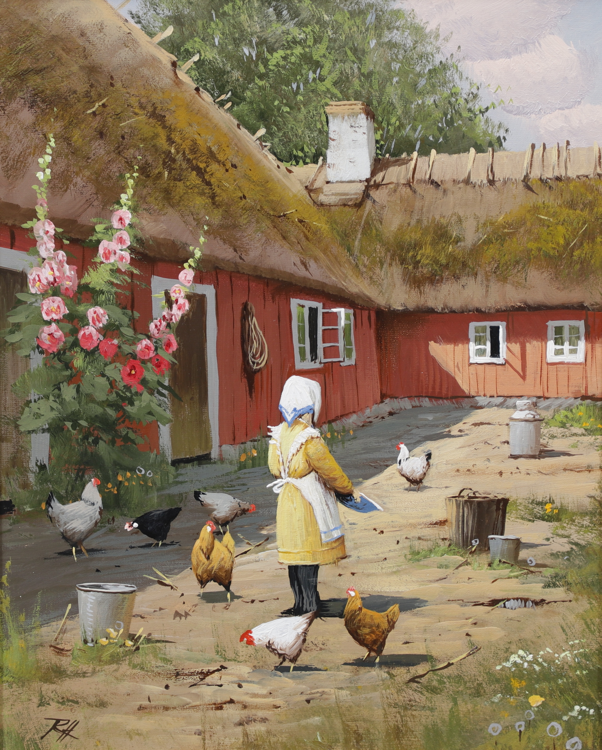 ROLAND HANSEN. Gårdsmotiv med figur och hönor, olja på duk, signerad.