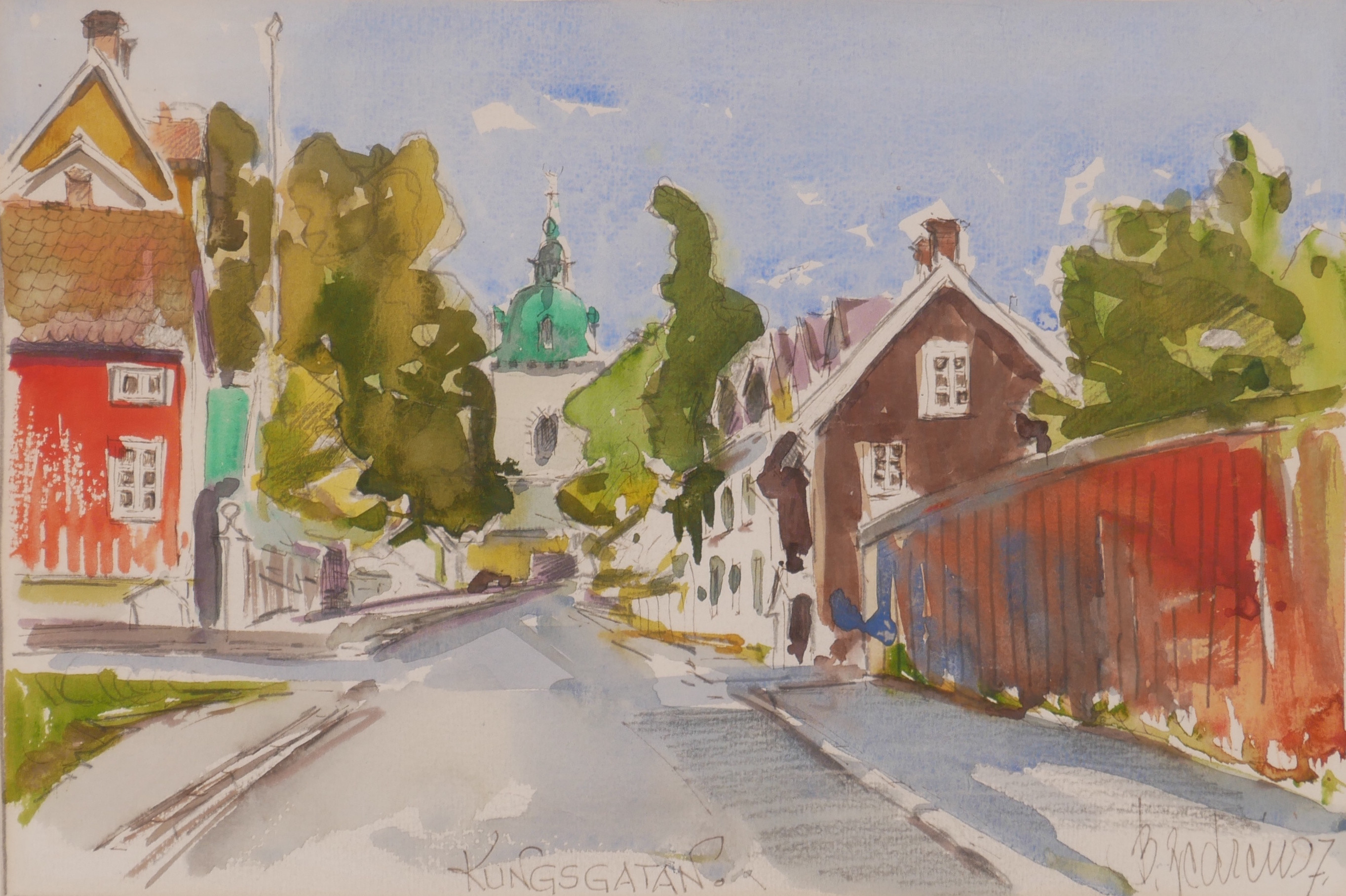 BERT ZEDRÉN. "Kungsgatan", akvarell, signerad.