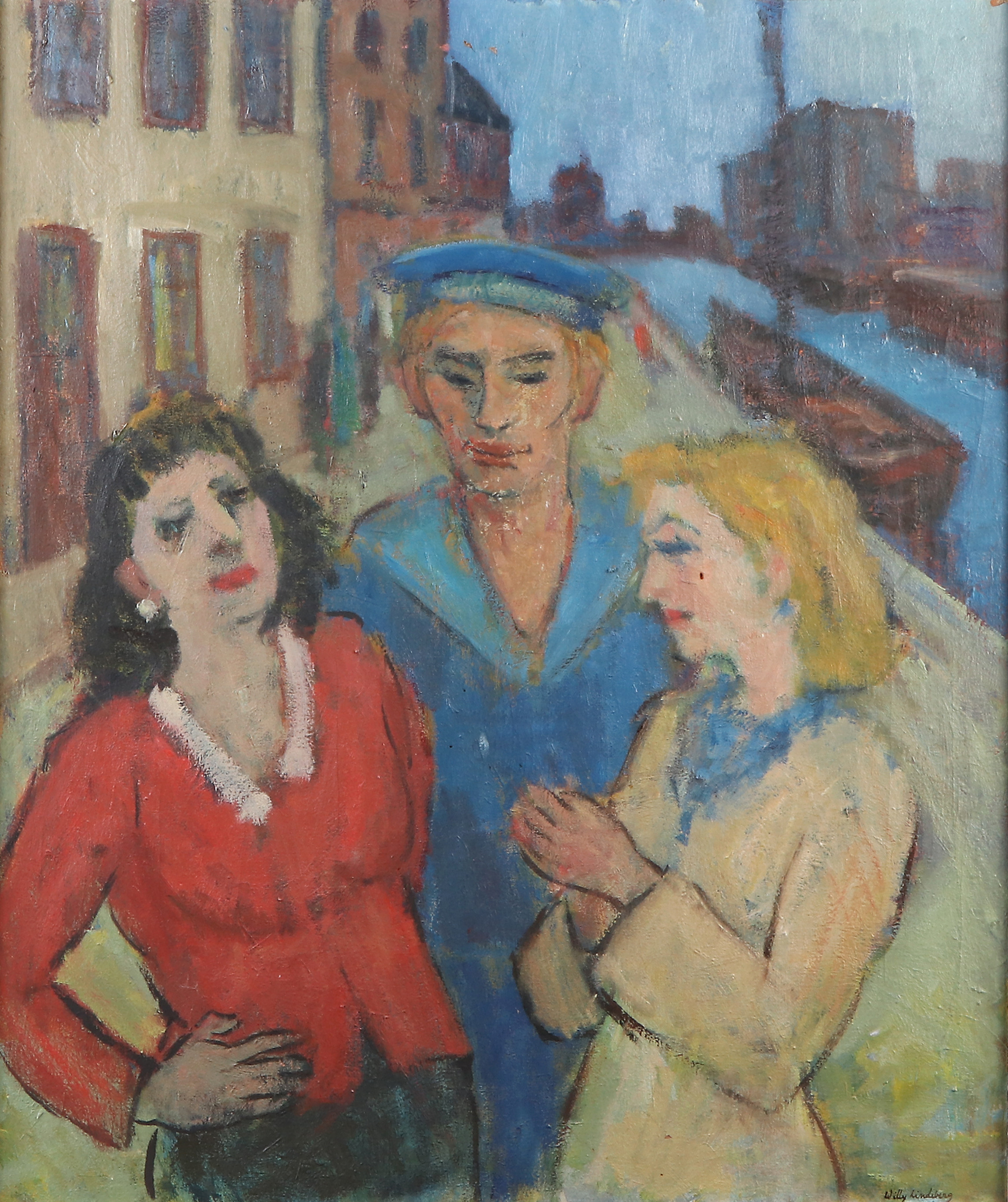 WILLY LINDBERG. Oljemålning på duk. Sjöman och kvinnor. Signerad.