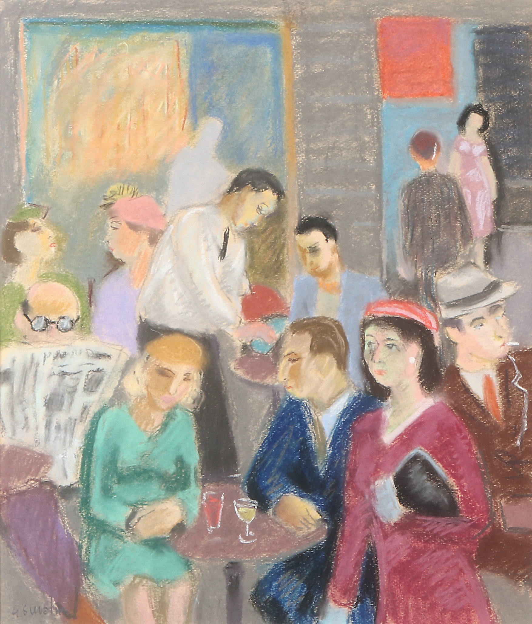 GUNNAR S MALM. Pastell. Restauranginteriör. Signerad.