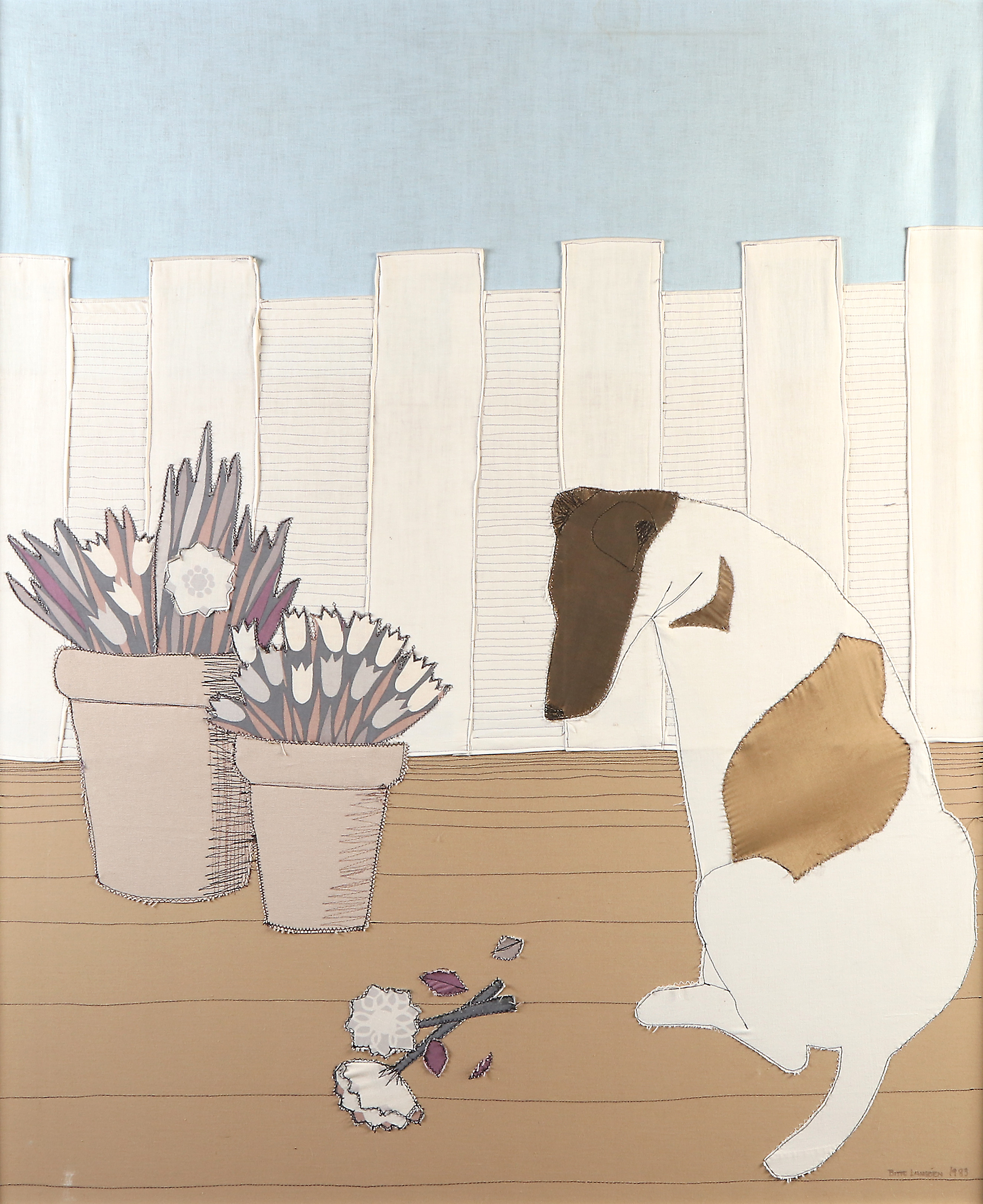 BITTE LANGÉEN. Textiltavla. Hund och blommor. Signerad och daterad 1983.