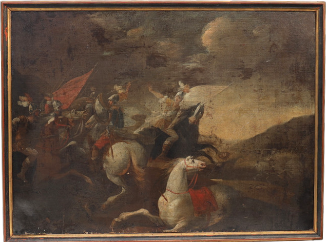 OIDENTIFIERAD KONSTNÄR. Bataljscen, oljemålning på duk, 1600-1700-tal.