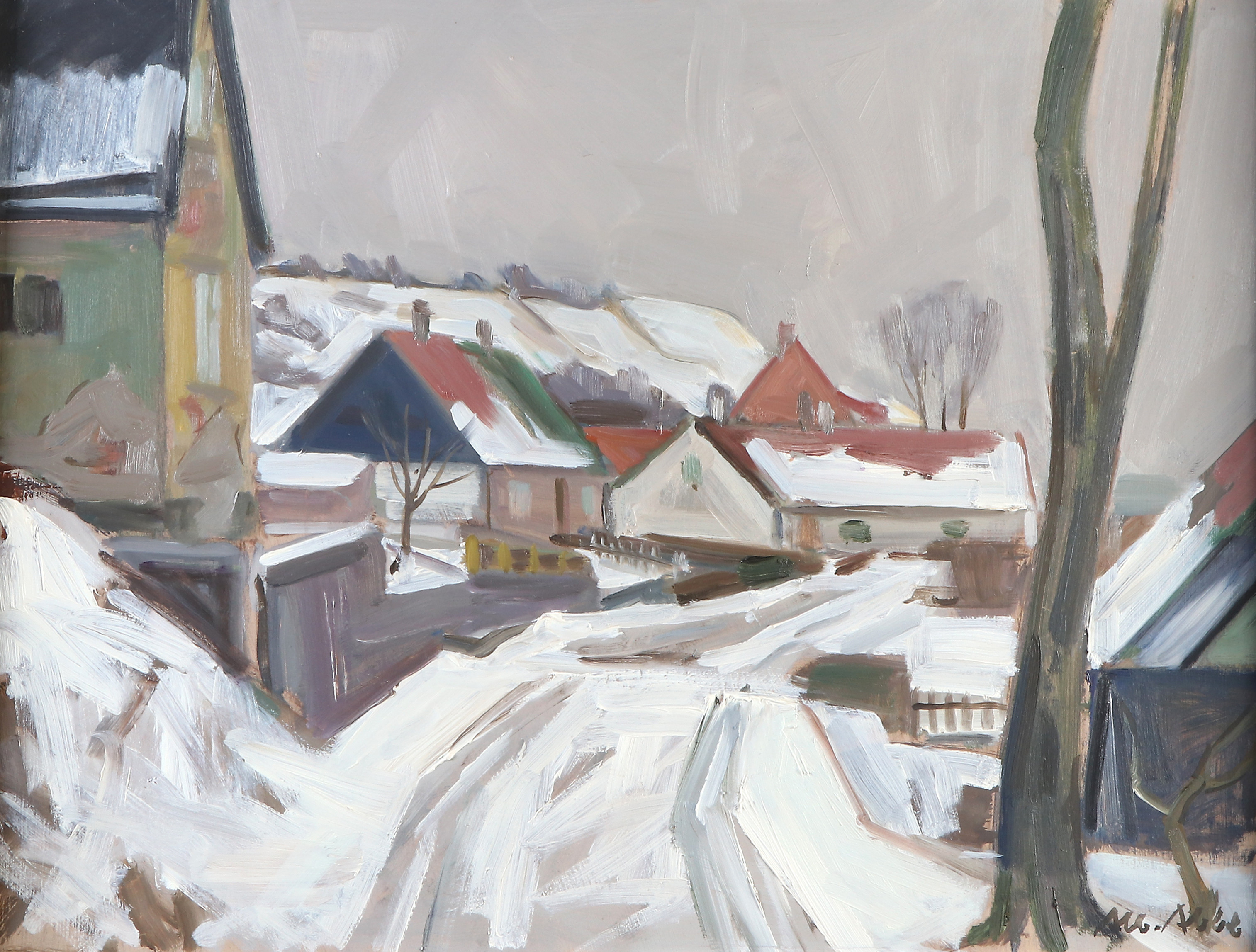 ALBERT ABBE. Oljemålning på pannå. "Gata i Sundvik". Signerad.