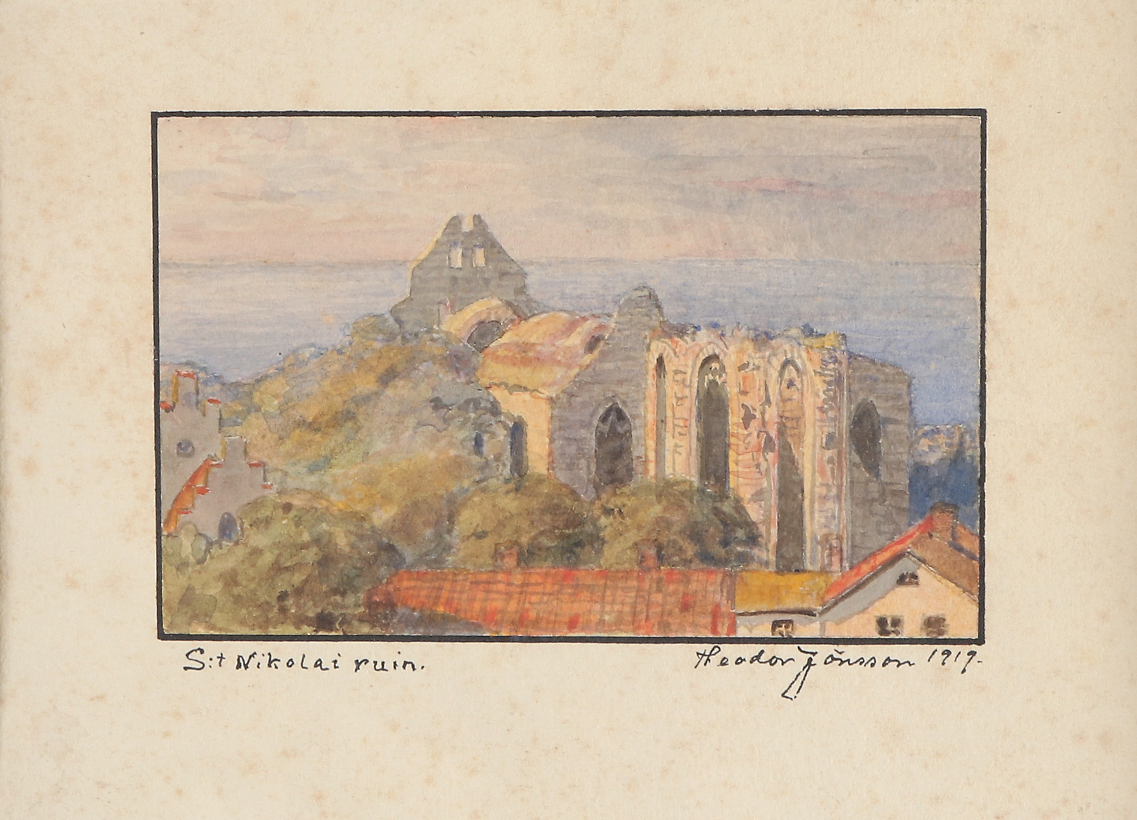 THEODOR  JÖNSSON. Akvarell. "S:t Nikolai ruin". Signerad och daterad 1919.