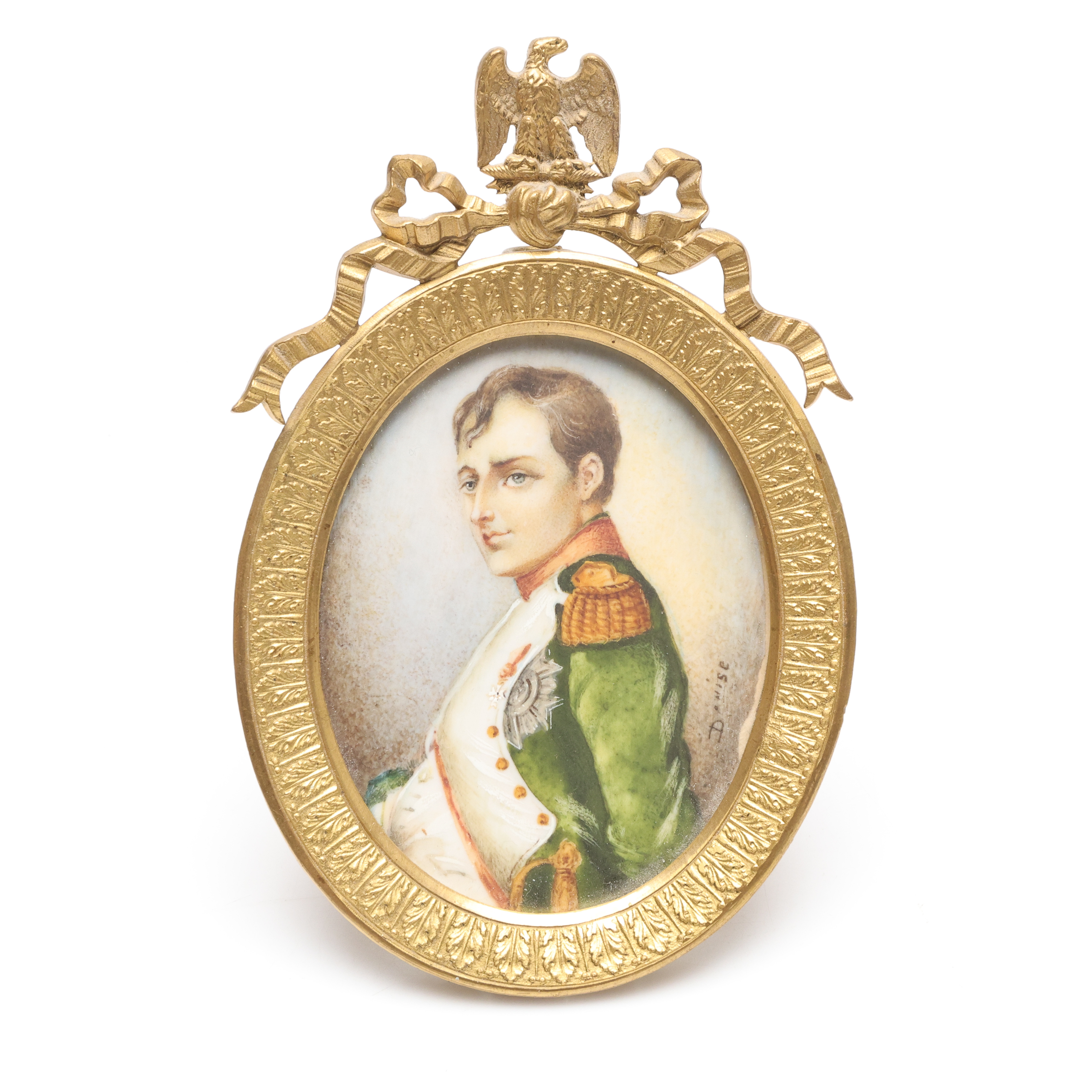 MINIATYRPORTRÄTT, föreställande Napoleon, blandteknik, ram i förgylld metall. Signerad. 18/1900-tal.