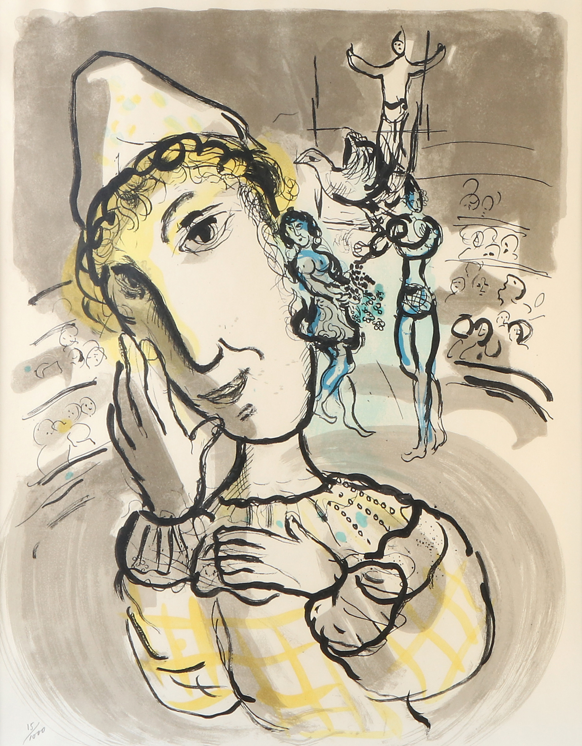 MARC CHAGALL. EFTER. Litografi, 15/1000. Cirkusmoptiv med gul clown. Osignerad.