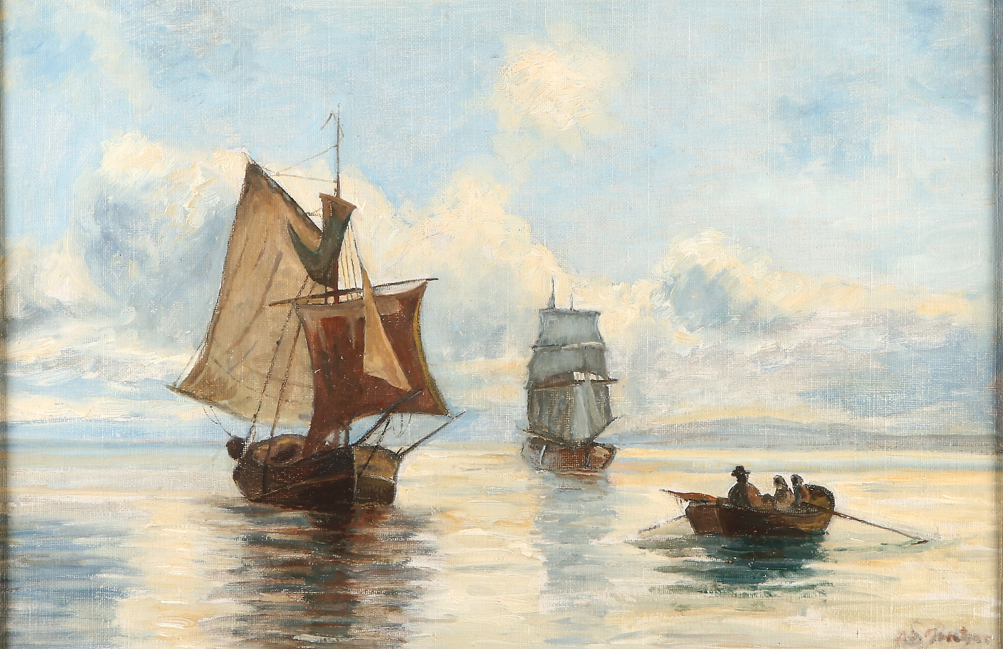 OIDENTIFIERAD KONSTNÄR, OTYDLIGT SIGNERAD. Oljemålnign på duk. Fiskebåtar.