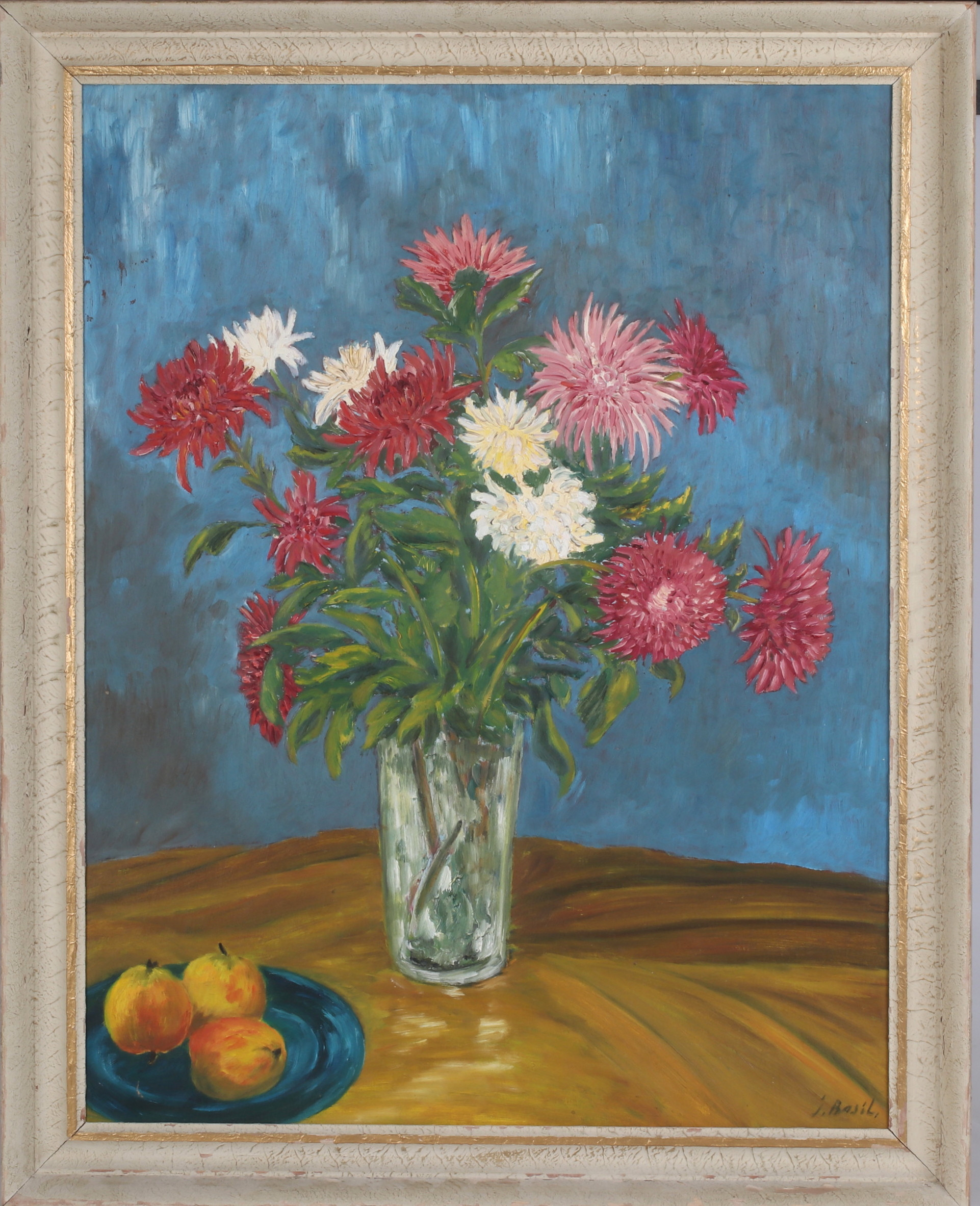 OIDENTIFIERAD KONSTNÄR. Blomsterstilleben, olja på pannå, signerad J. Basil.