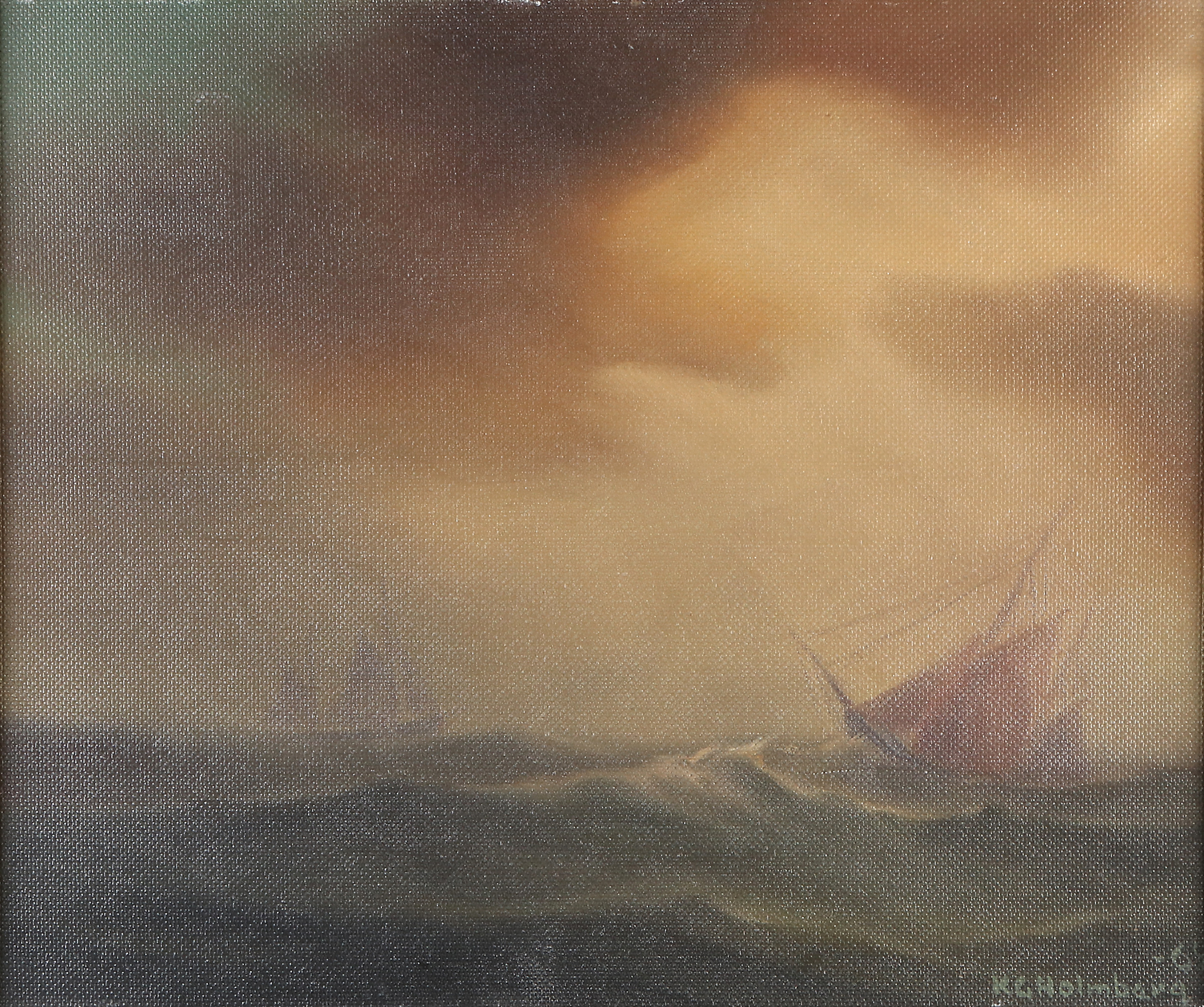 KARL GUSTAV HOLMBERG. Oljemålning på pannå. "Segelfartyg i skymningen, Nordsjön". Signerad och daterad -64.