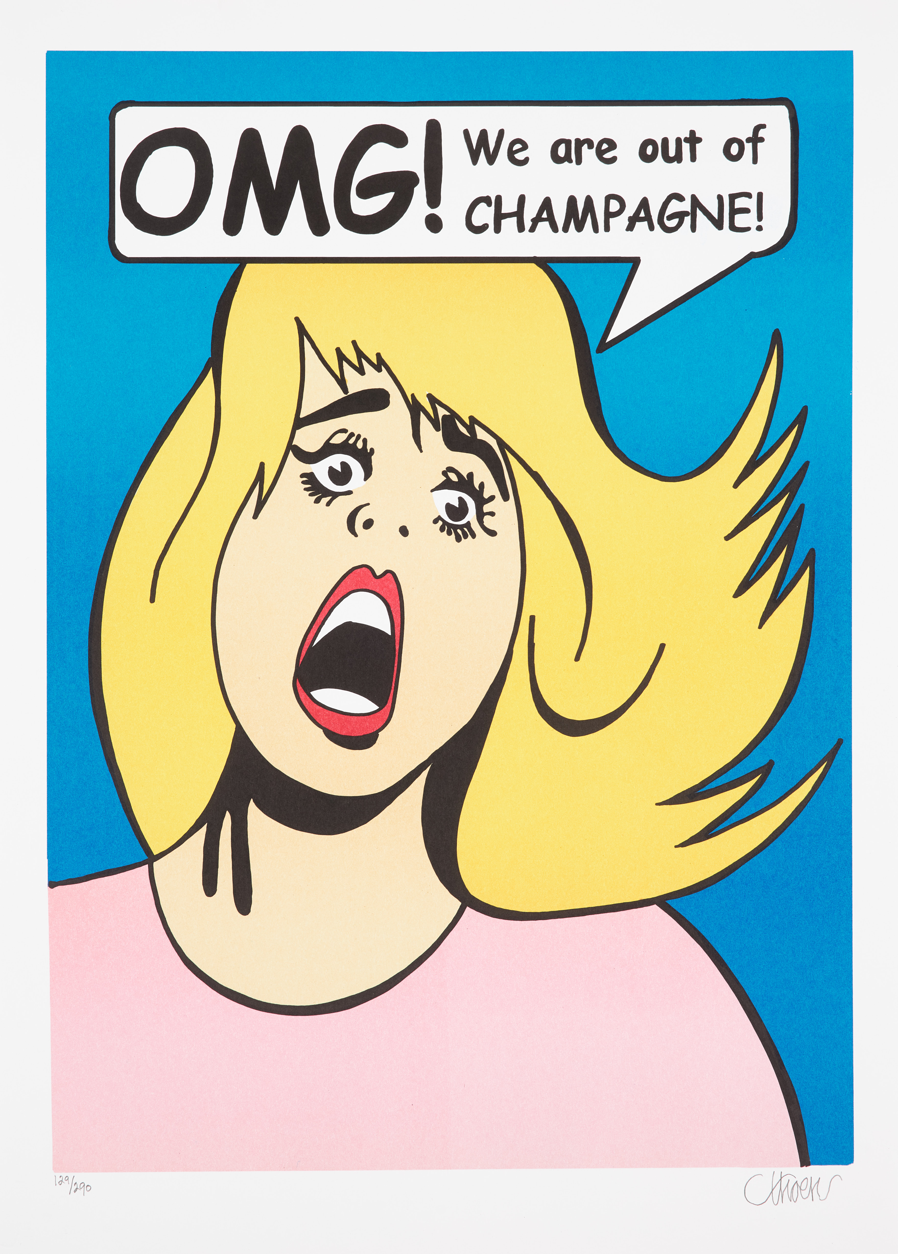 PETTER THOEN. "OMG! We are out of CHAMPAGNE", kvinna, blå botten, färglitografi, signerad och numrerad 129/290.