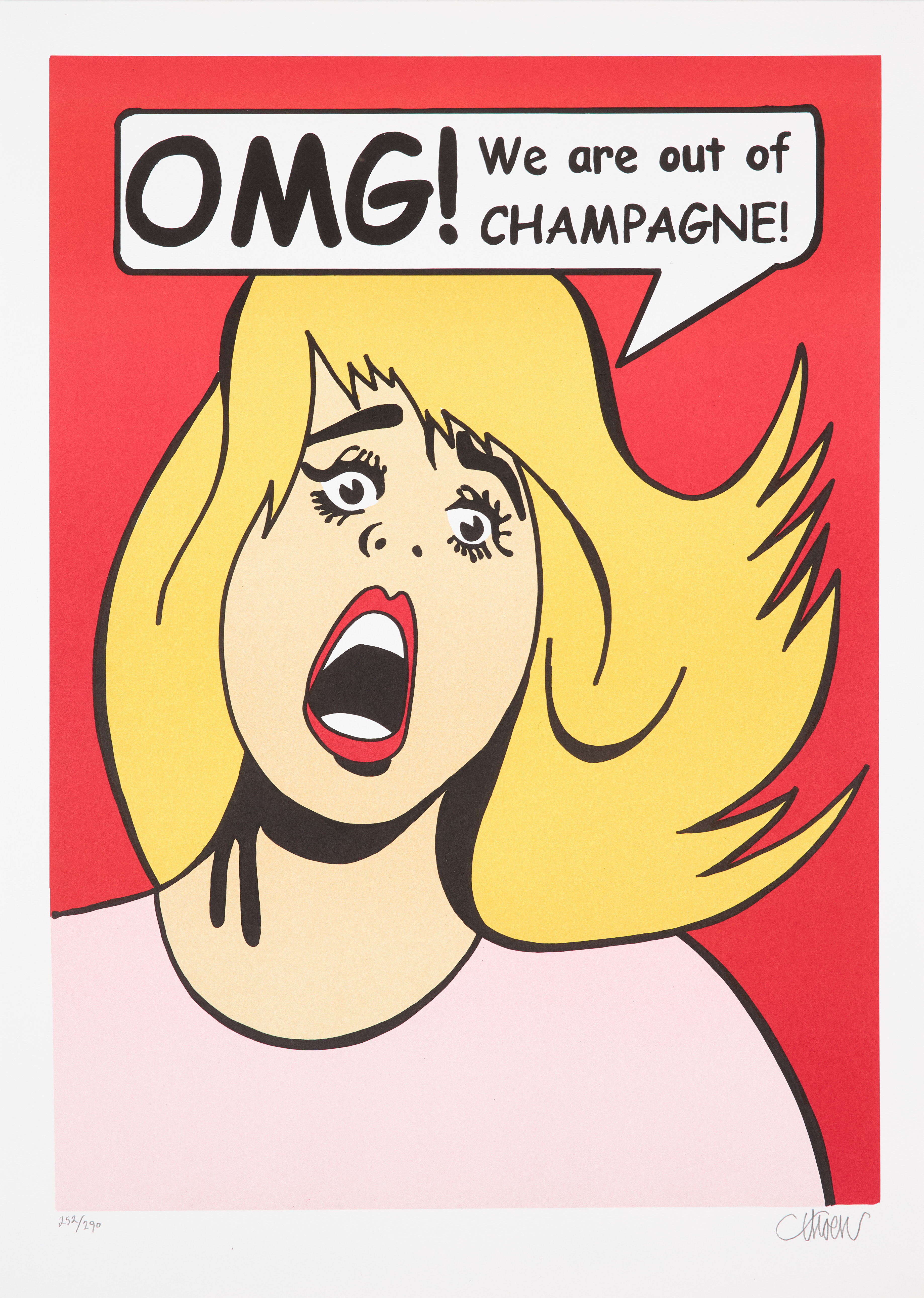 PETTER THOEN. "OMG! We are out of CHAMPAGNE", kvinna, röd botten, färglitografi, signerad och numrerad 252/290.