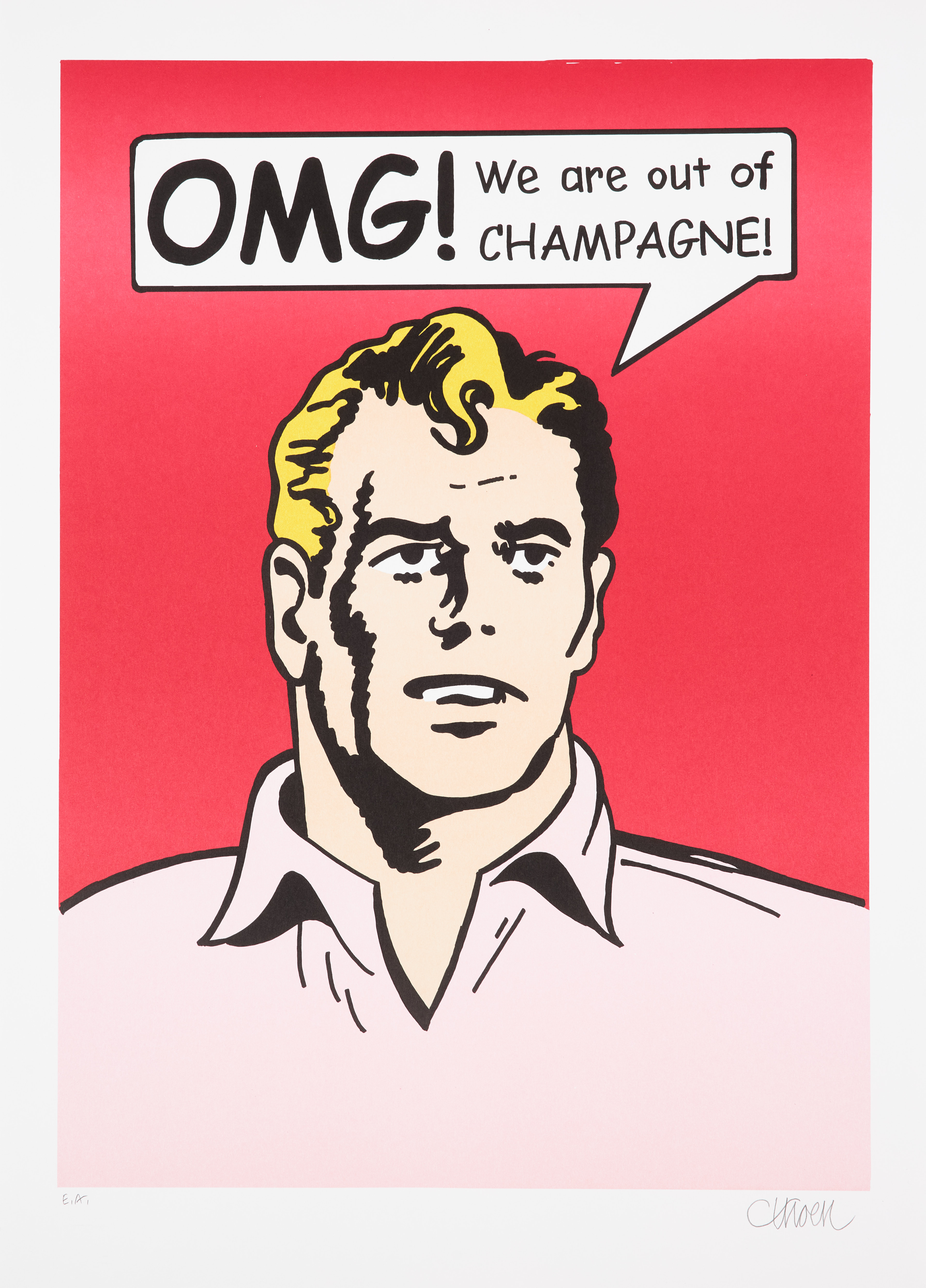 PETTER THOEN. "OMG! We are out of CHAMPAGNE", man, röd botten, färglitografi, signerad, EA.