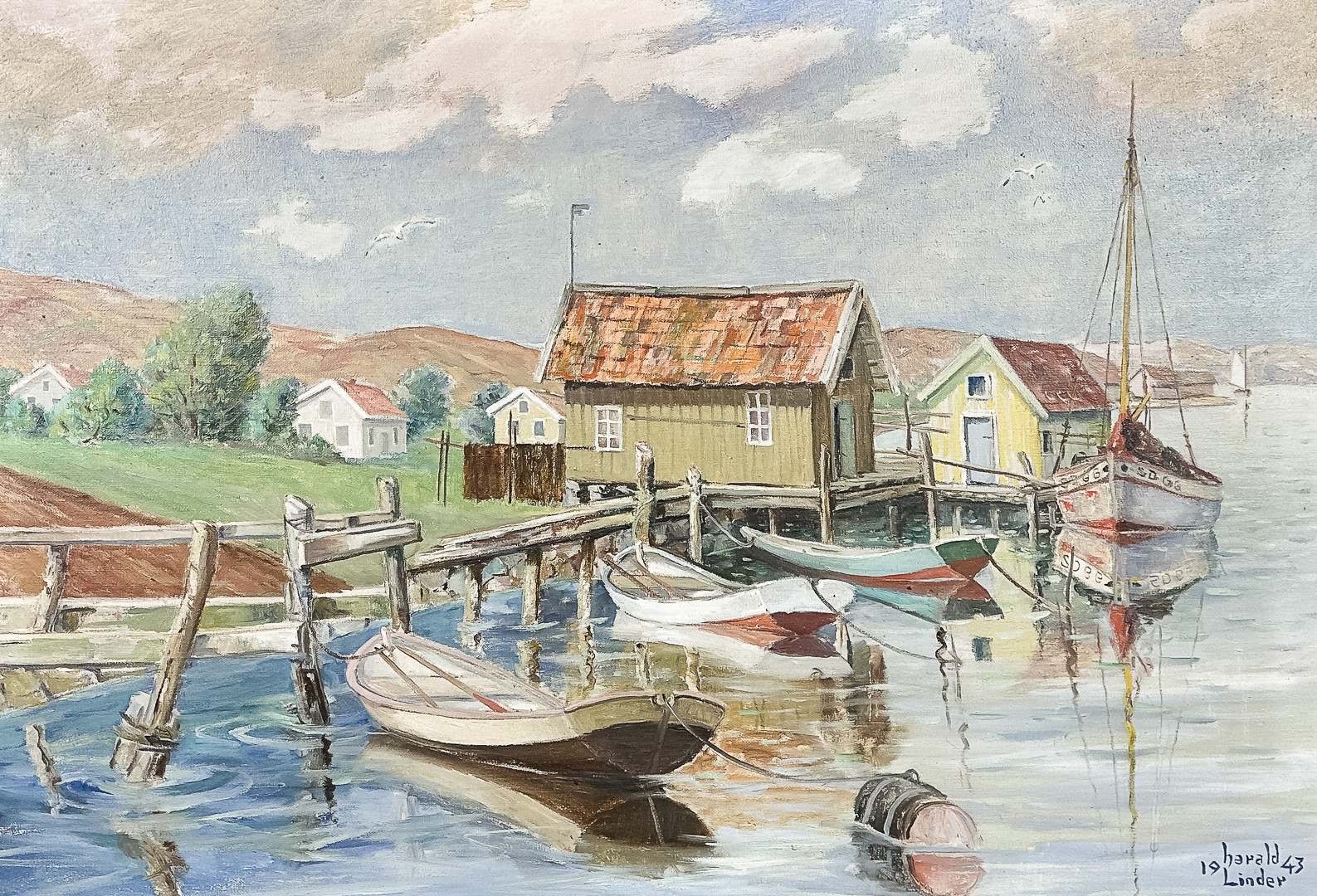 HARALD LINDER. OLJA PÅ DUK, "Hamburgsund", signerad, daterad-1943.