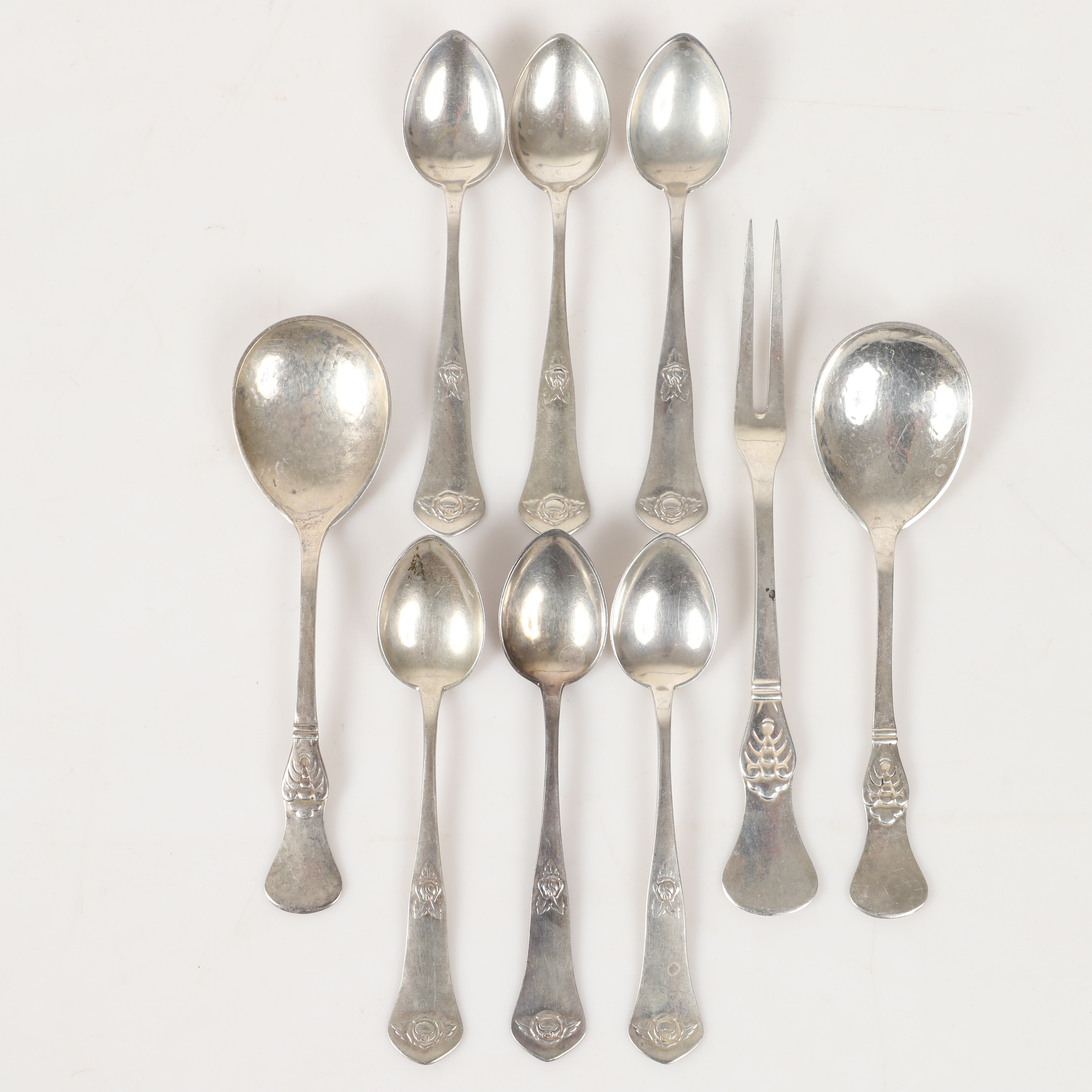 KAFFESKEDAR M. M., 9 stycken, silver, C F Heisner, Danmark, 1922-26.
