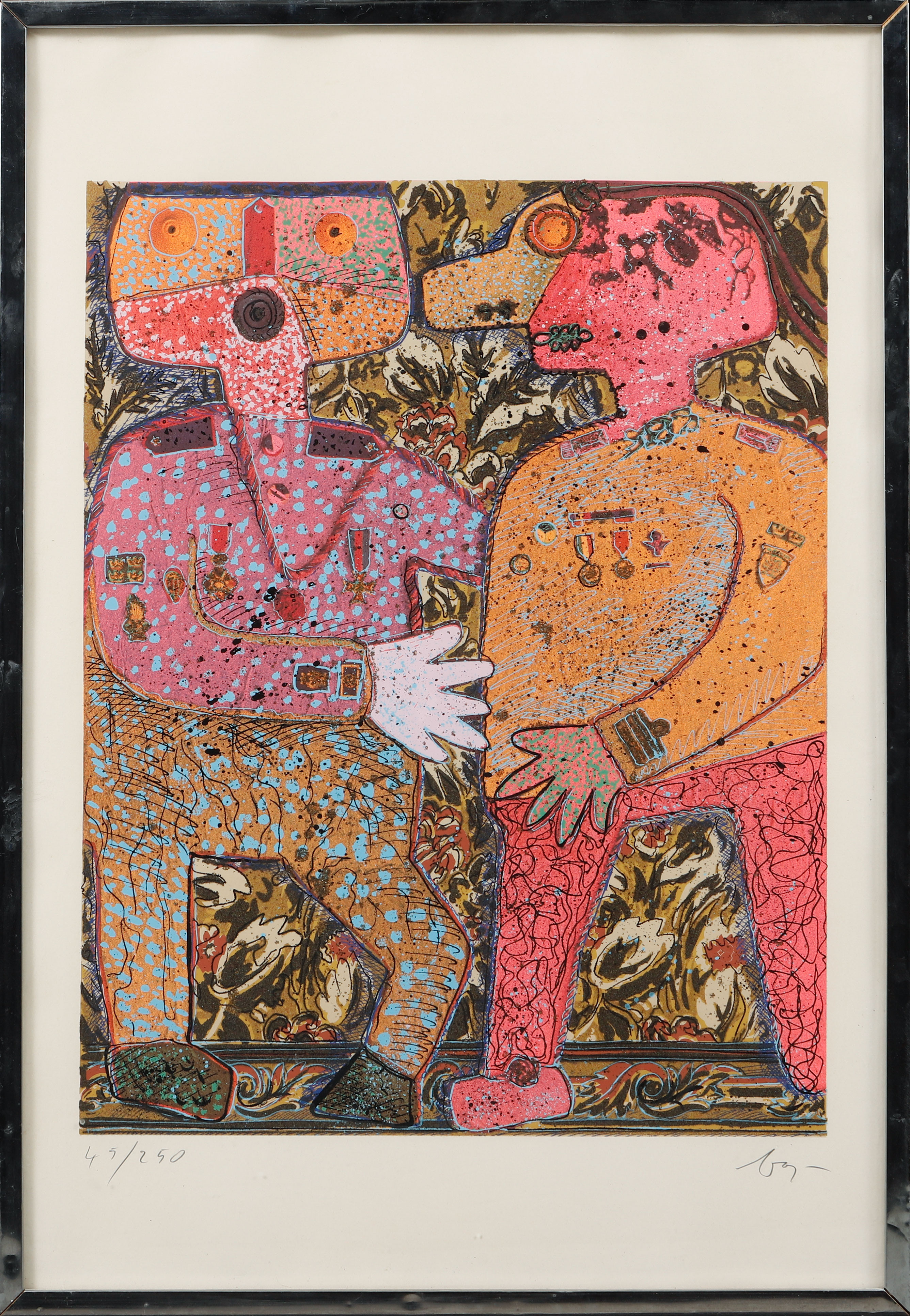 ENRICO BAJ. Komposition med figurer, färglitografi med glitter, signerad och numrerad 45/250.
