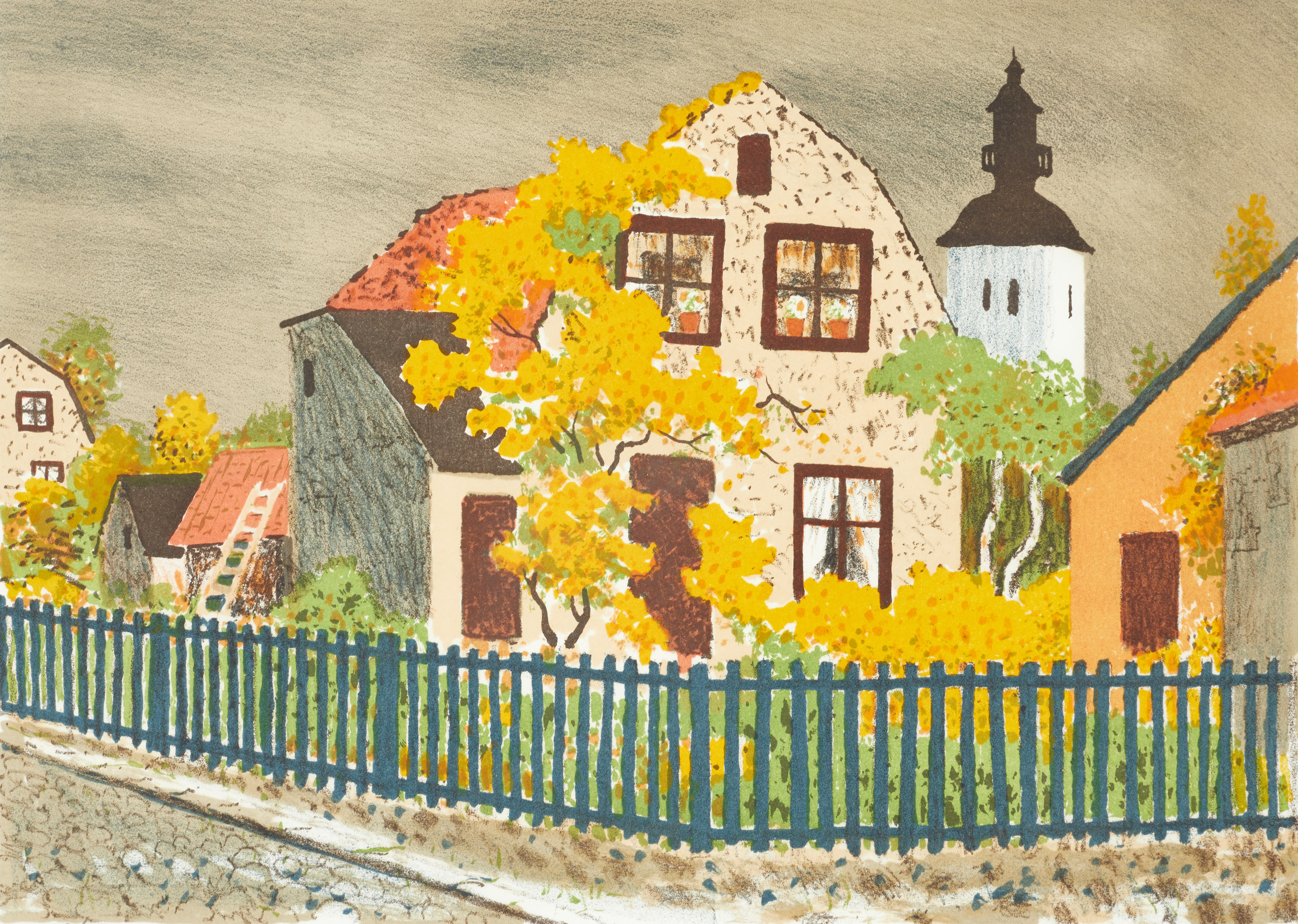 OSKAR BERGMAN (1879-1963), Hus med staket, signerad, numrerad 288/350, färglitografi.