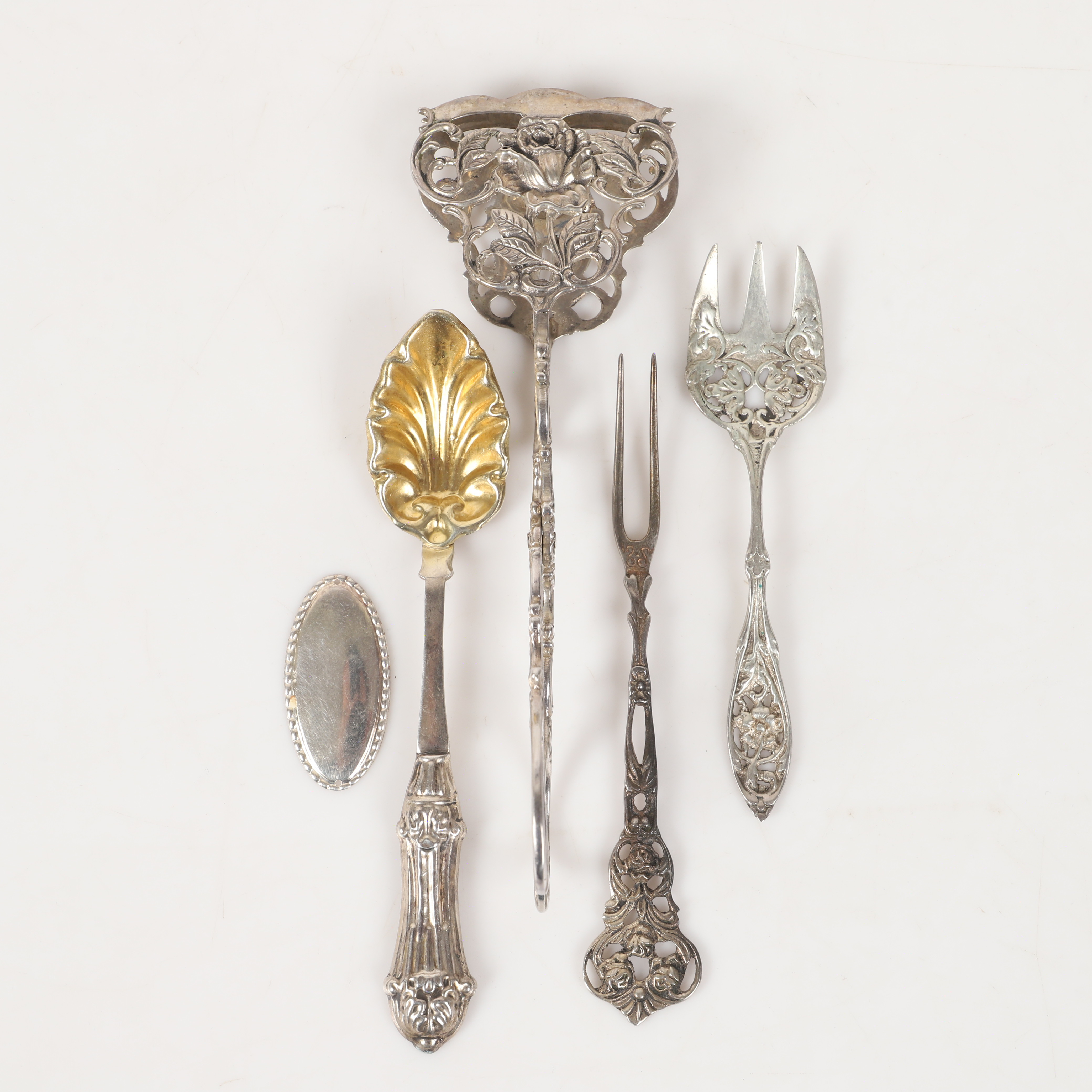 KAKTÅNG SOCKERSKED M. M., 5 stycken, silver, bl. a. stämplad PR, 1860.