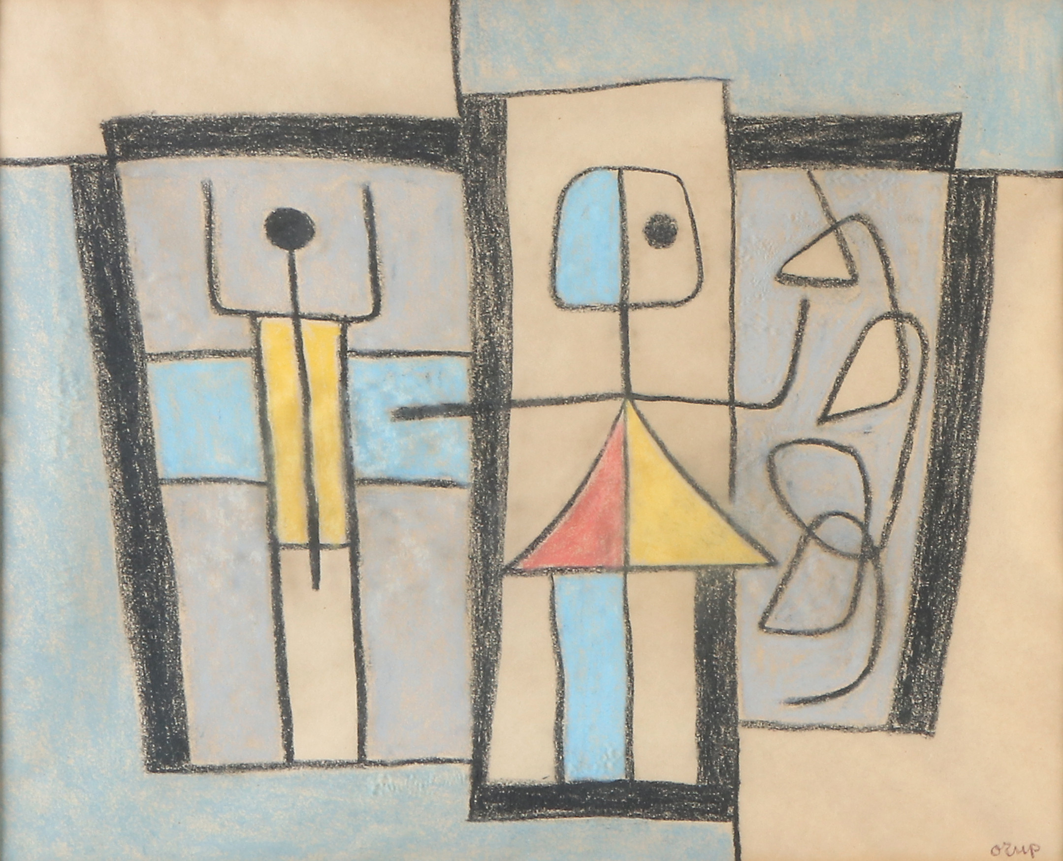 BENGT ORUP. Krita. Komposition med figurer. Signerad.