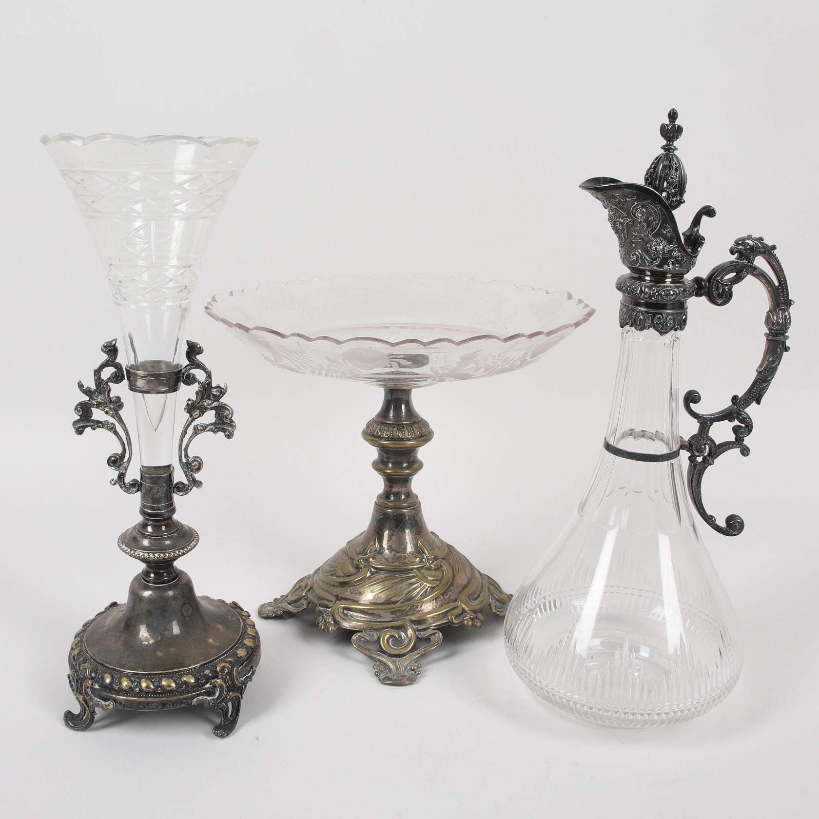 GLASSERVIS, 3 delar, glas & nysilver, 1900-talets första hälft.