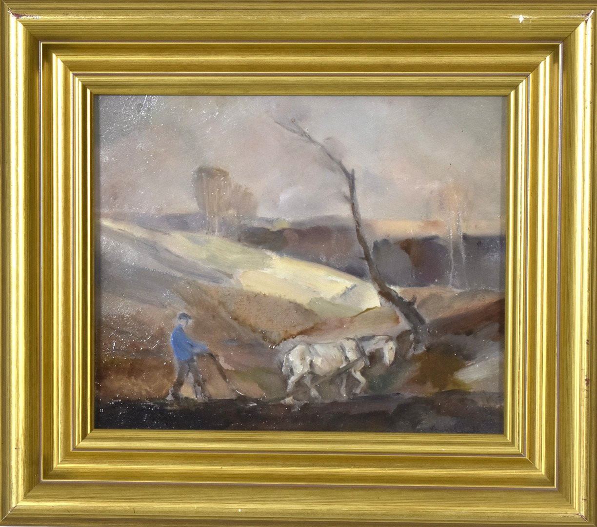 HUGO CARLBERG. oljemålning på pannå, "Plöjaren".