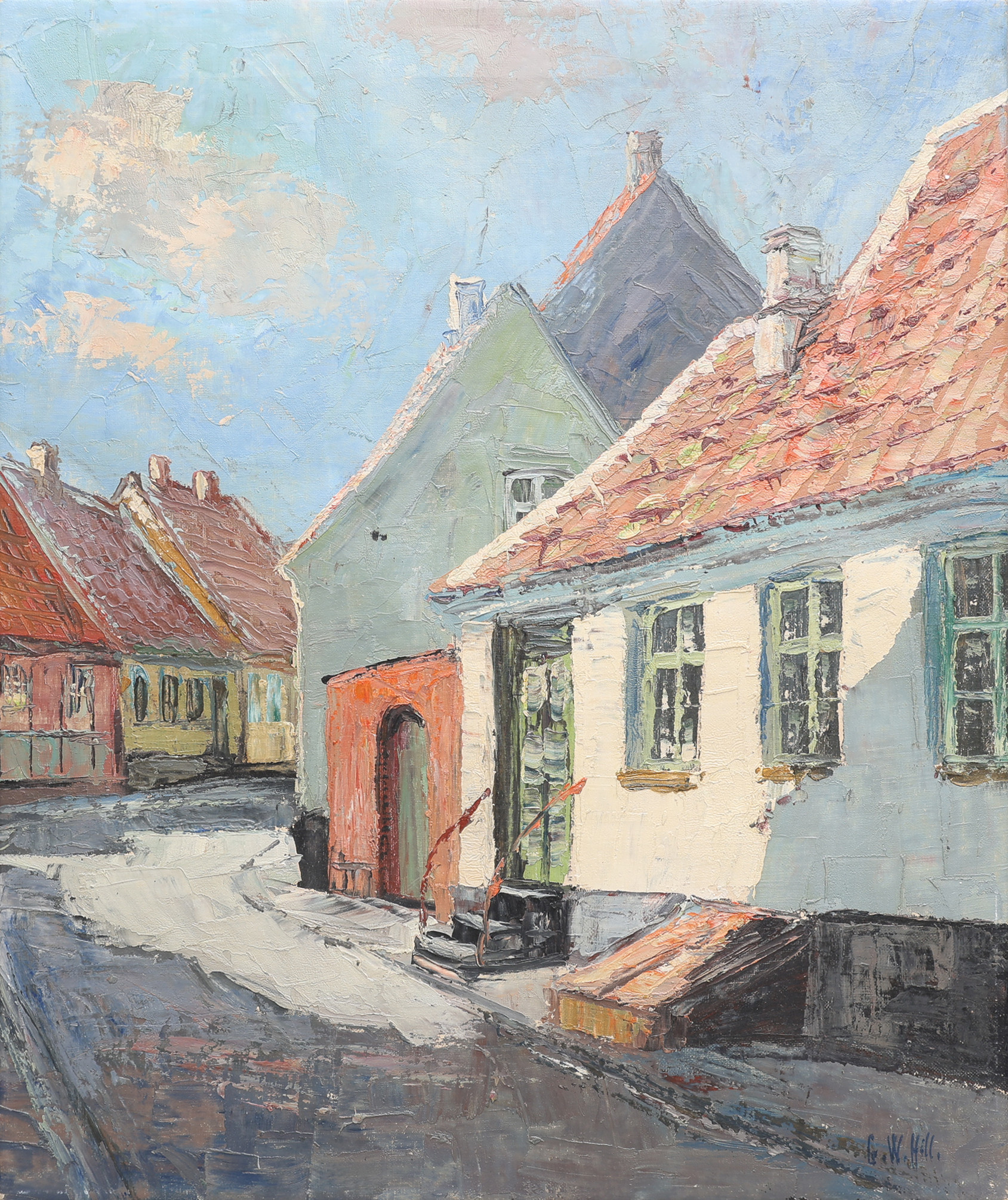G.W. HILL. OLJA PÅ DUK, "ÆRØ, GADEMOTIV FRA MARSTAL", SIGNERAD.