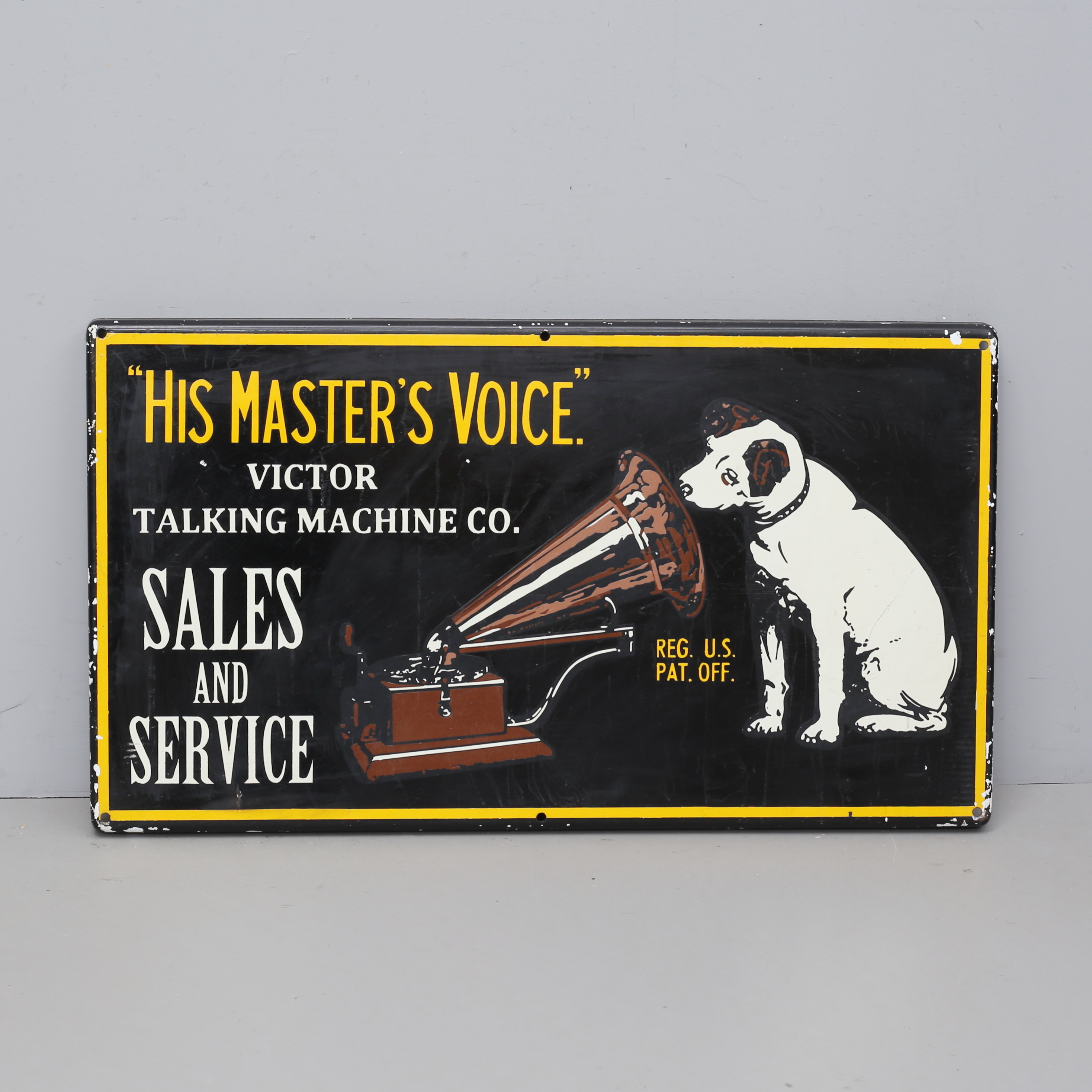 REKLAMSKYLT, His Masters Voice, Victor Talking Machine Co, lackad metall.