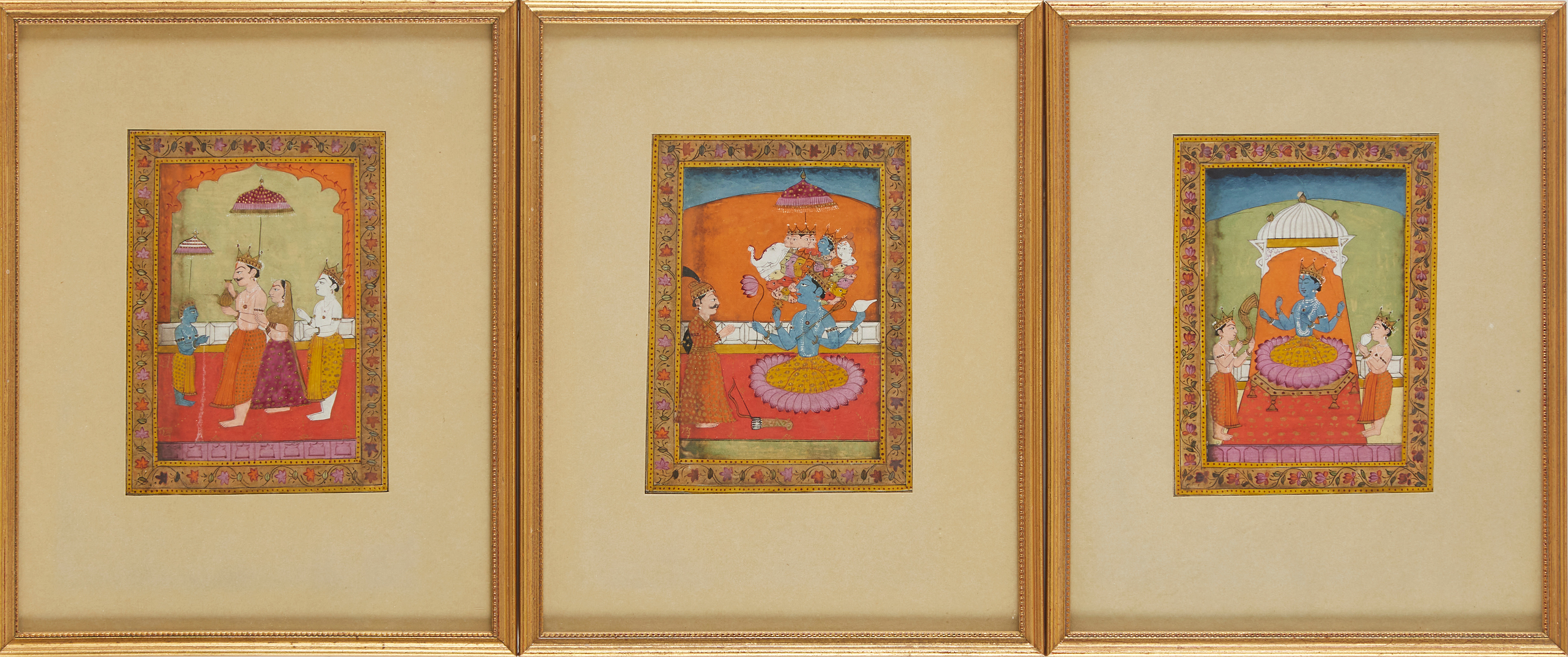 Tre gouacher/akvareller, Indien 18/1900-tal. Ca 12x9 cm vardera.
