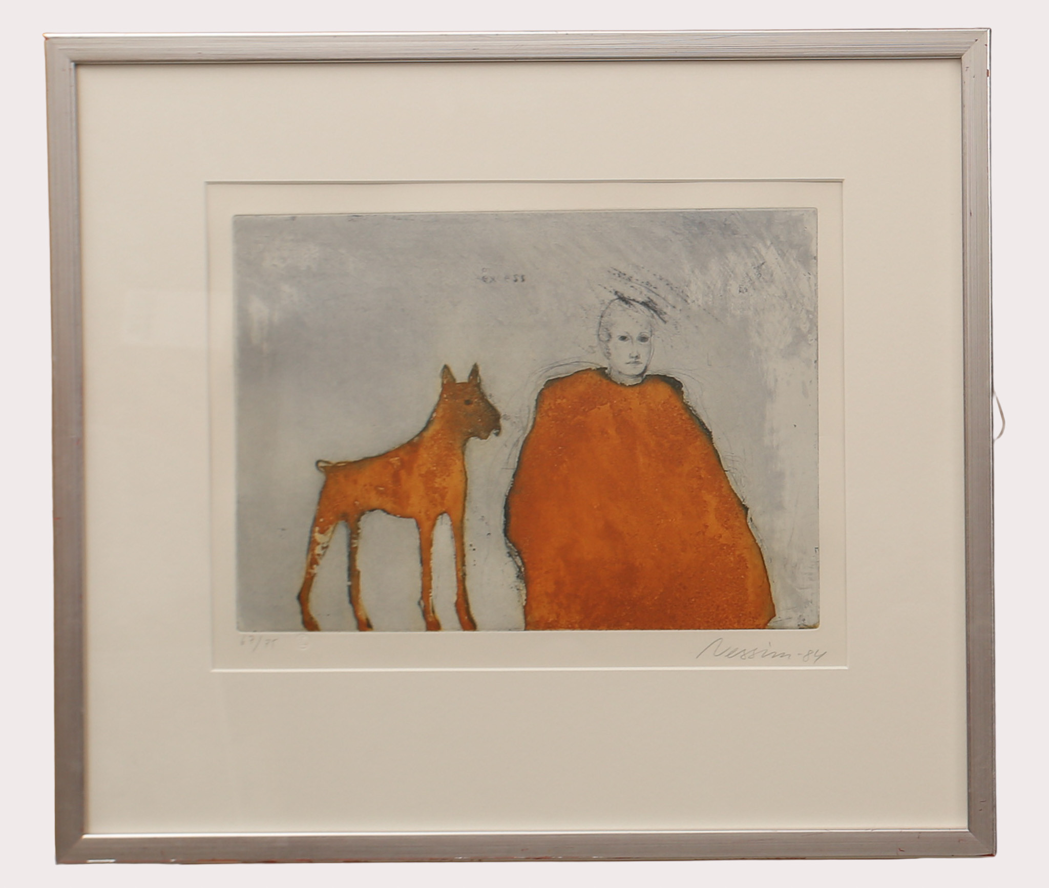 SUZANNE NESSIM. Färgetsning, man med hund, numrerad 67/75, signerad, daterad 1984.
