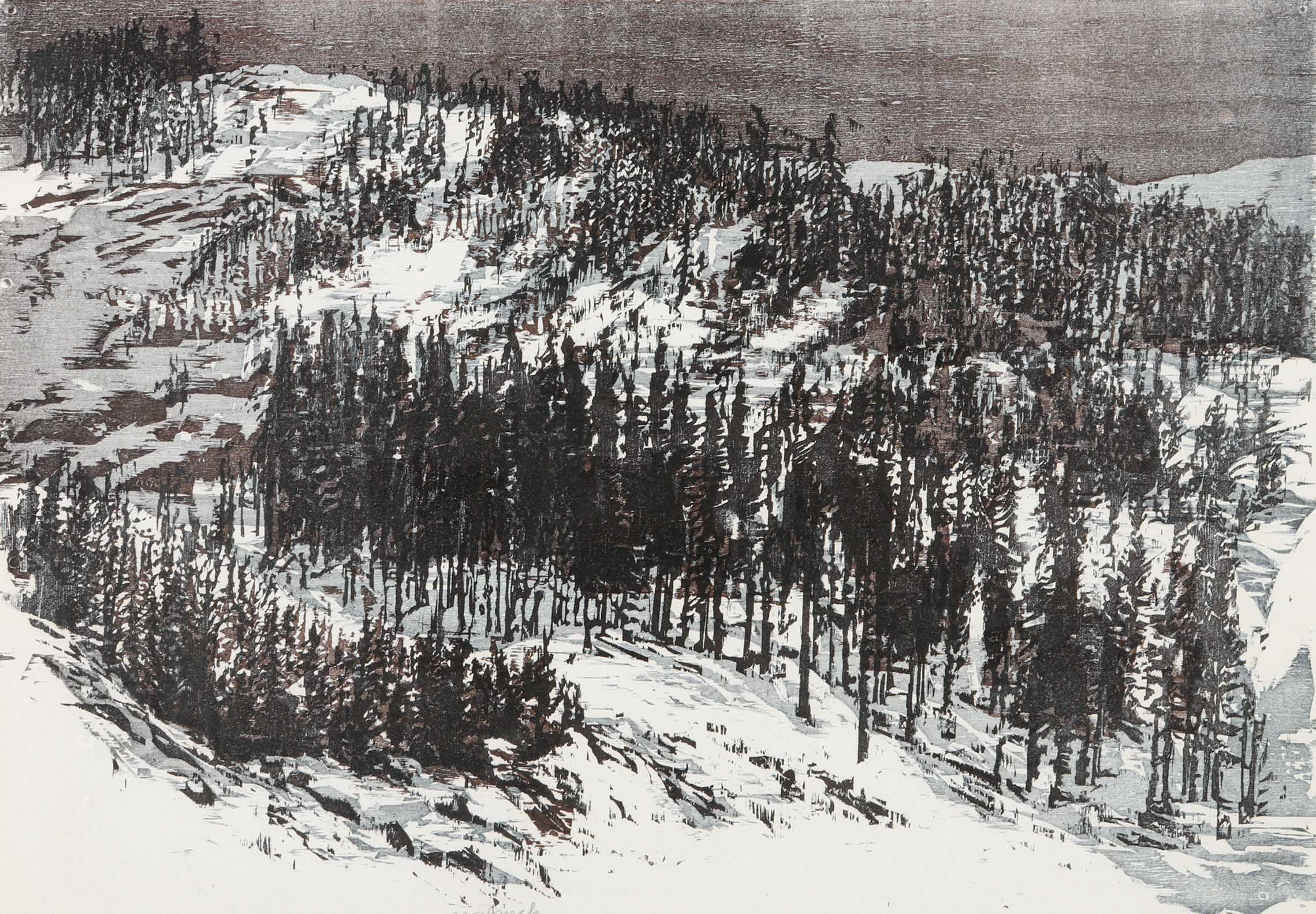 LARS LERIN. "Granskogshöjd". Träsnitt. Utförd 1985.