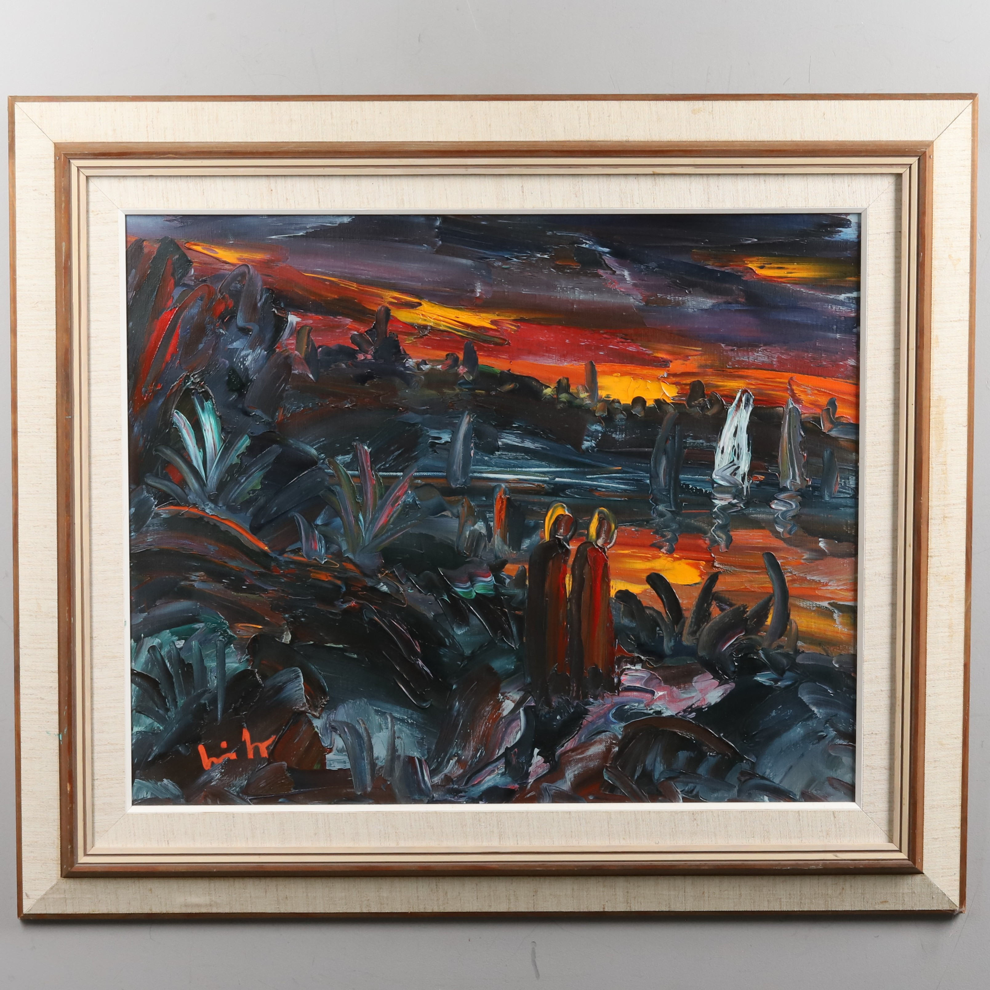 ERIK LOO. Olja på duk, impasto, "Figurscen i skymningslandskap", signerad.