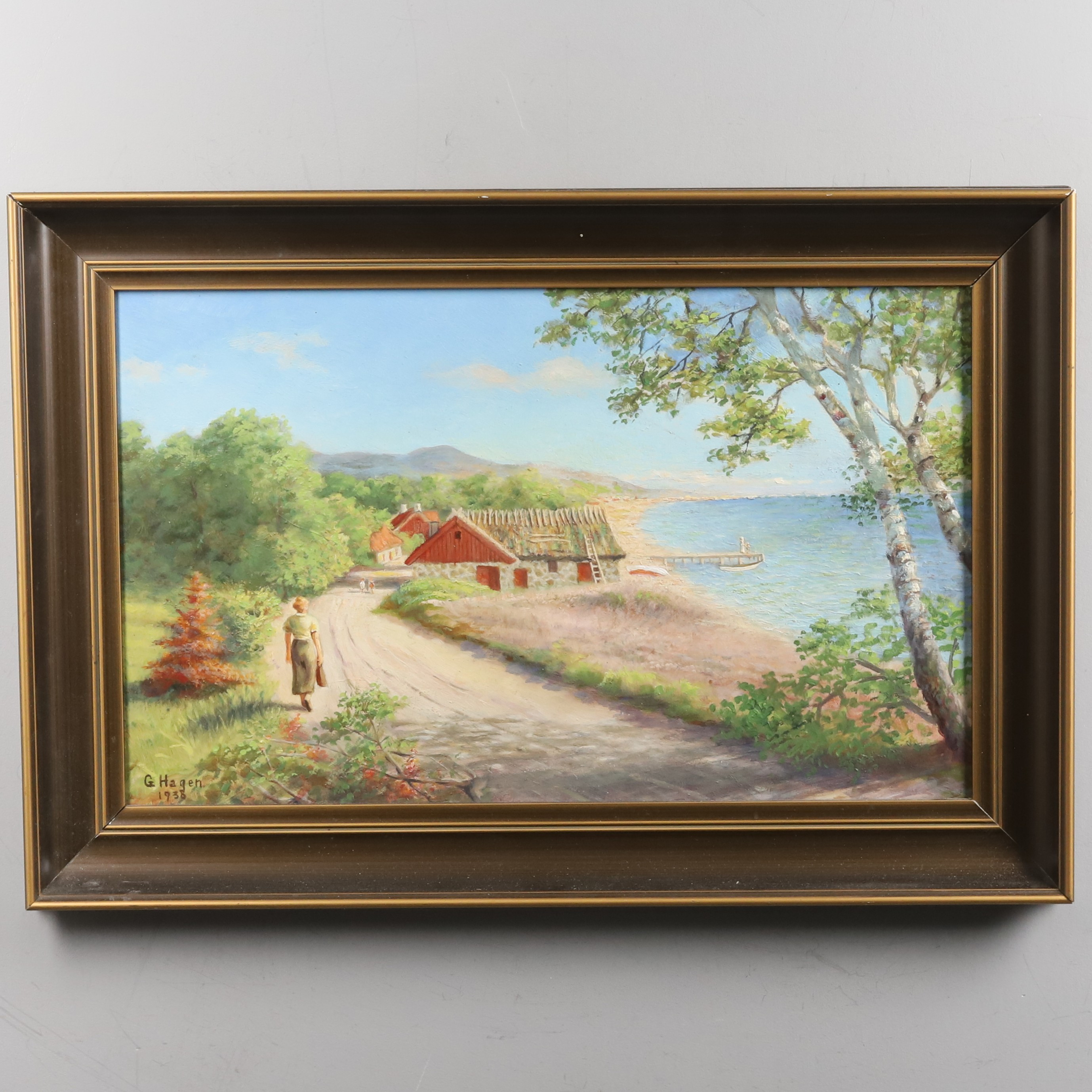 OIDENTIFIERAD KONSTNÄR. Olja på pannå. "Kustlandskap", signerad och daterad G. Hagen 1938.