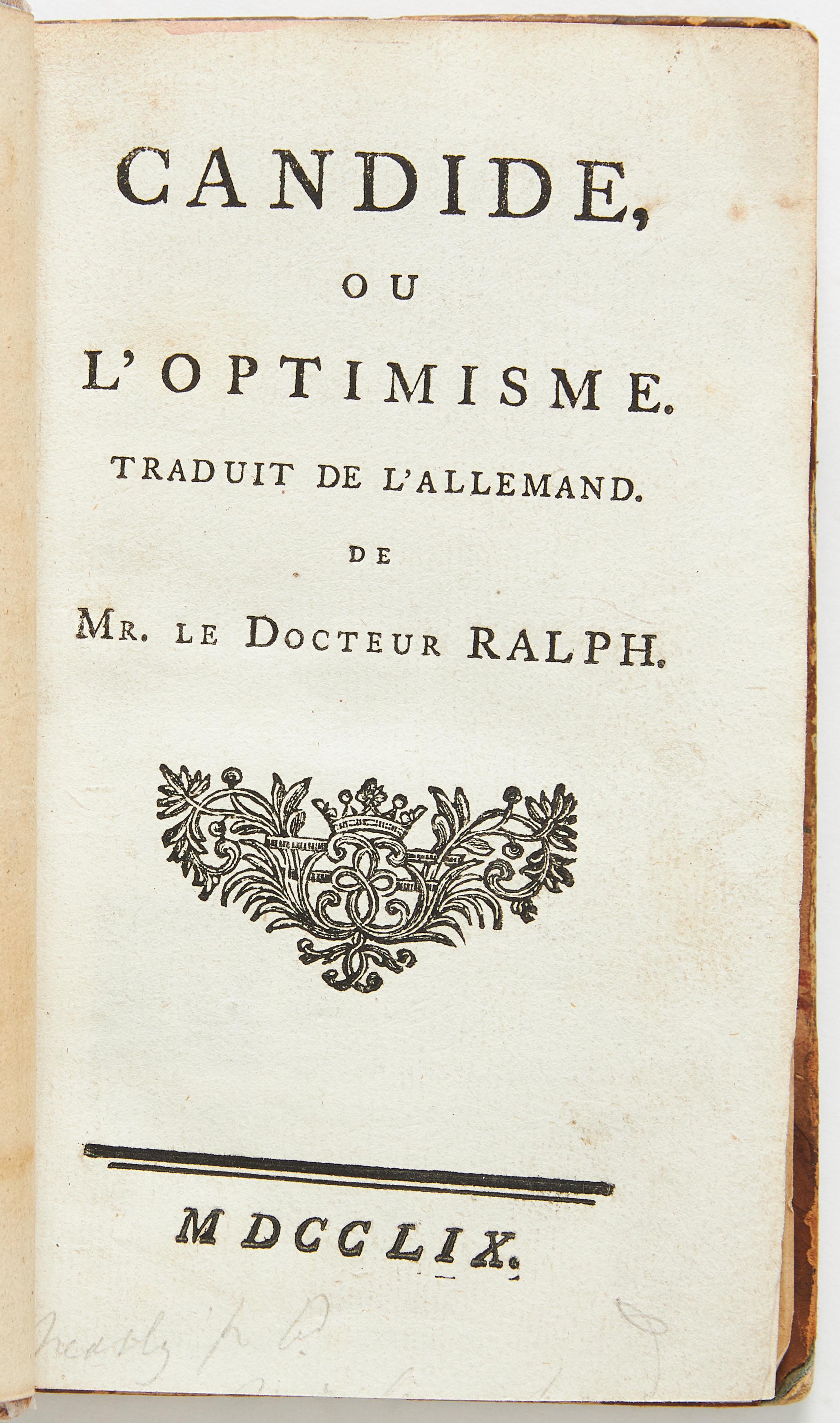 VOLTAIRE'S CANDIDE, 1759, second corrected London edition in French.