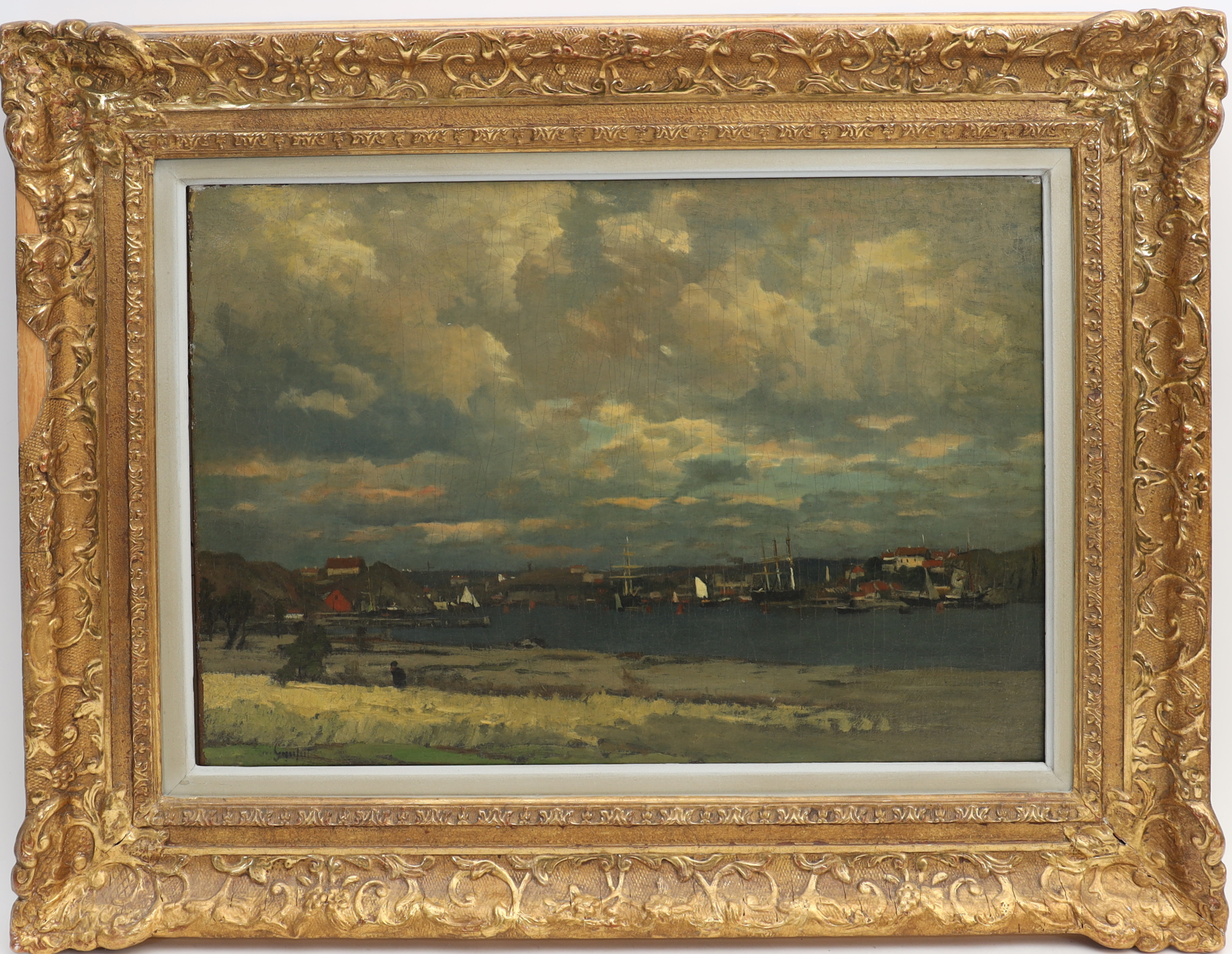 WILHELM VON GEGERFELT. "Utsikt över Göteborgs hamn från hisingen" Oljemålning på duk, signerad.