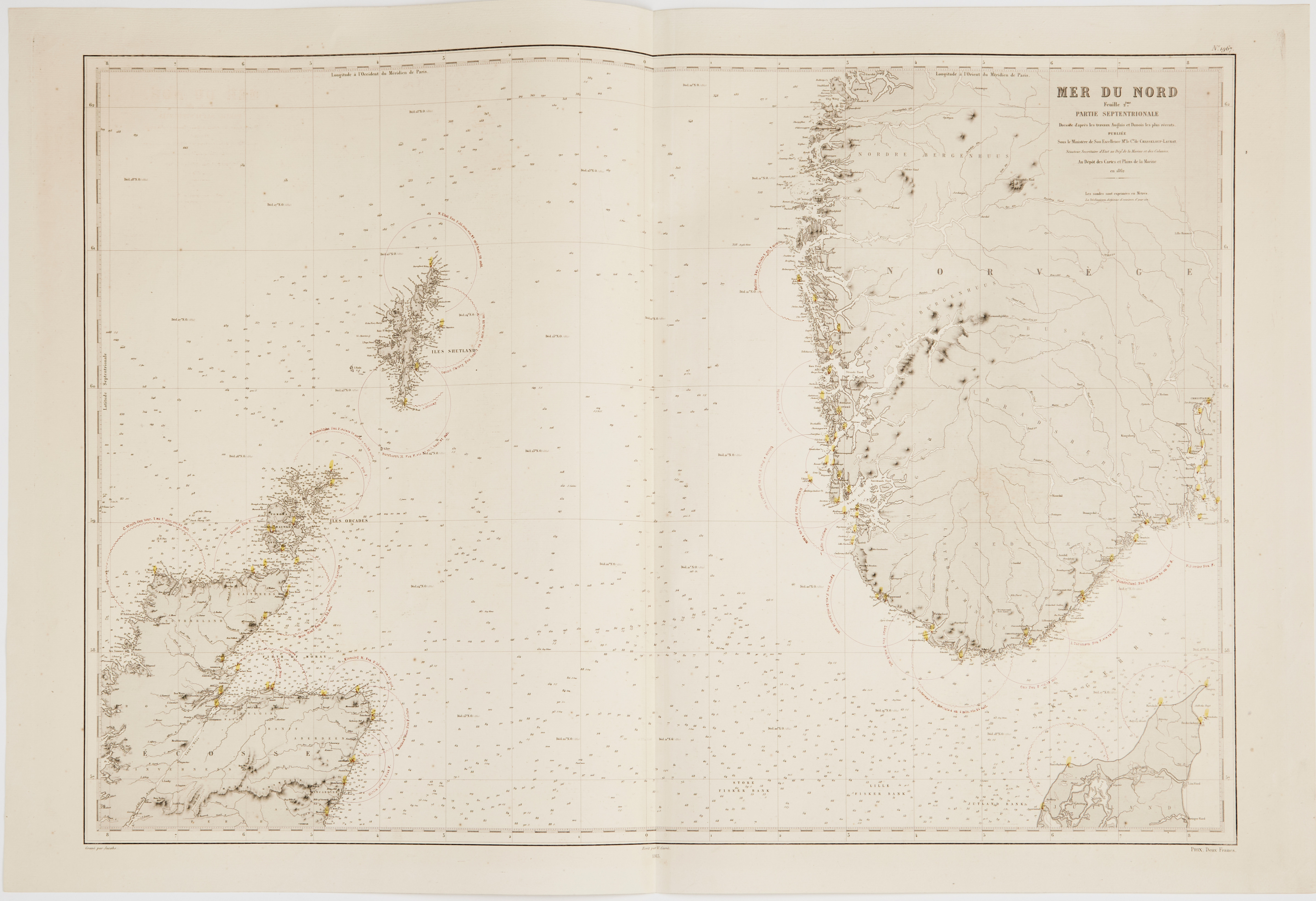 SJÖKORT 1862, NORDSJÖN MED NORGE OCH SKOTTLAND, DEPOT DE LA MARINE.