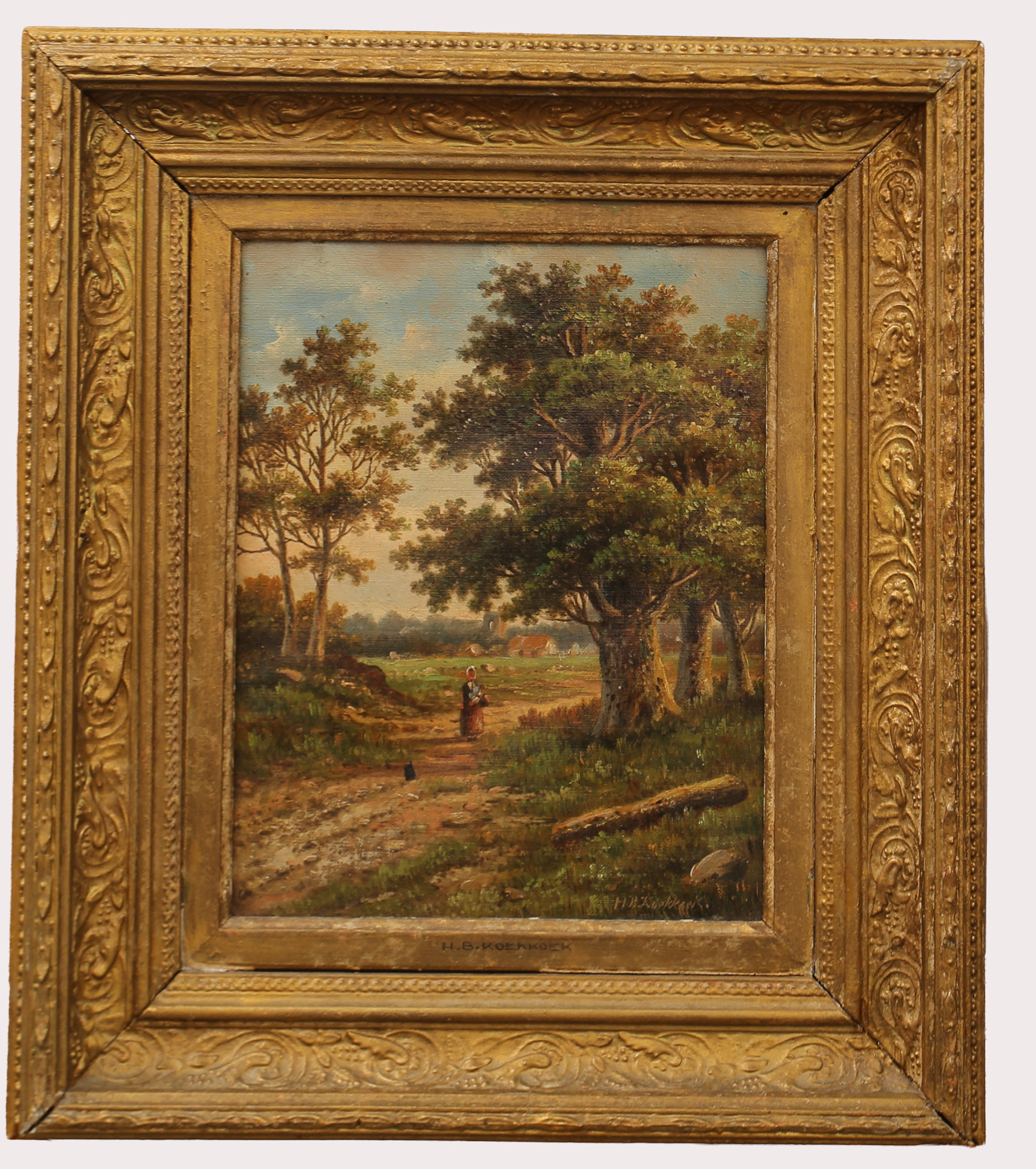 HERMANN BAREND KOEKKOEK (1840-1912). Olja på duk, signerad. Motiv av kvinna vid ett skogsbryn.