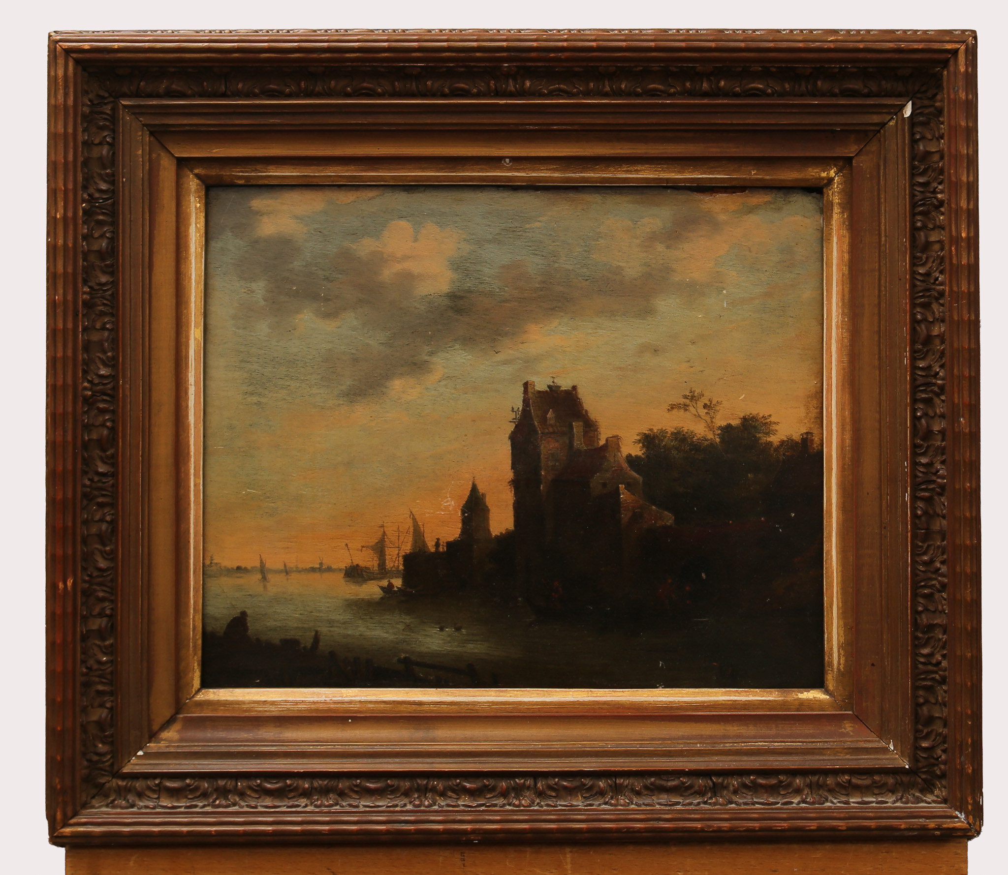 JAN JOZEFSZ VAN GOYEN. HANS EFTERFÖLJARE. Olja på pannå, hamnmotiv, osignerad. 1700- tal eller tidigare.